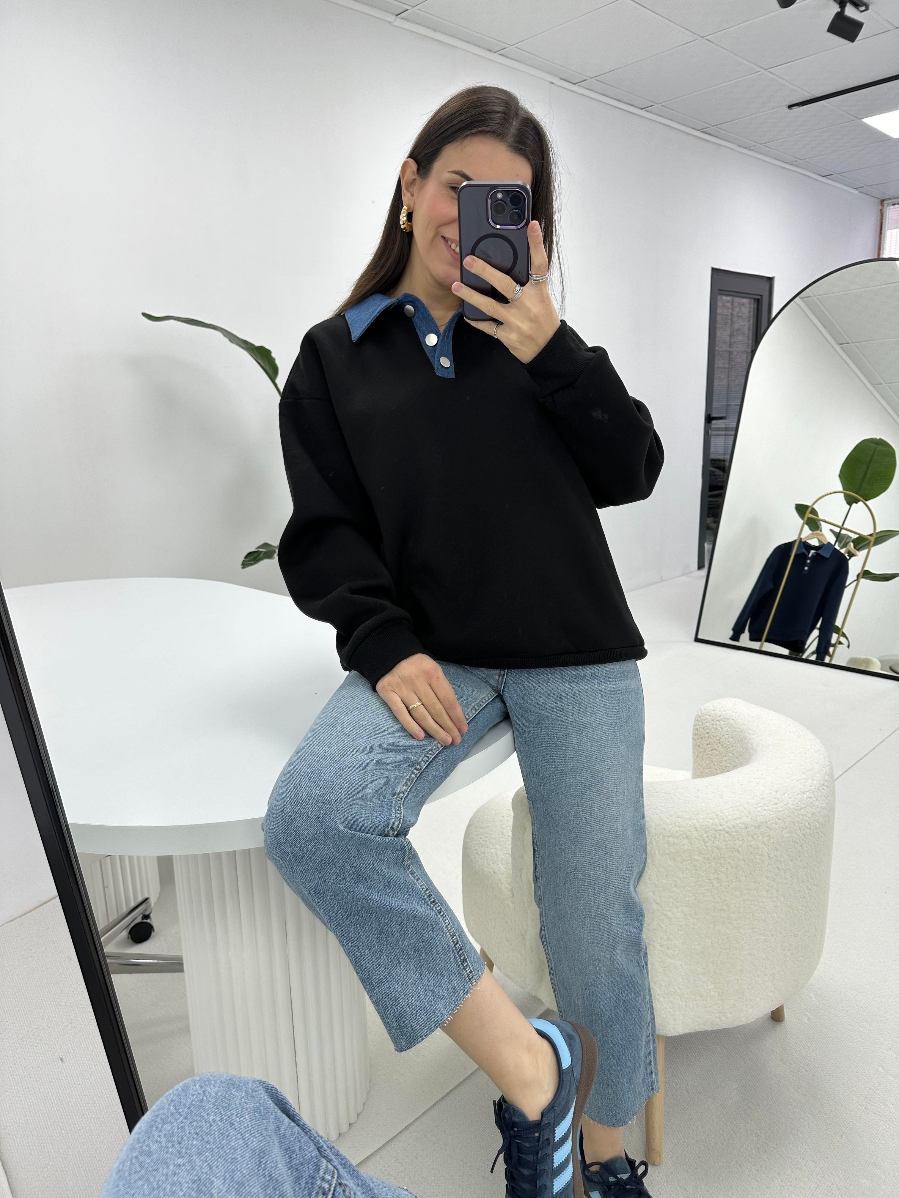 Siyah Yakası Kot Detaylı Şardonlu Sweatshirt