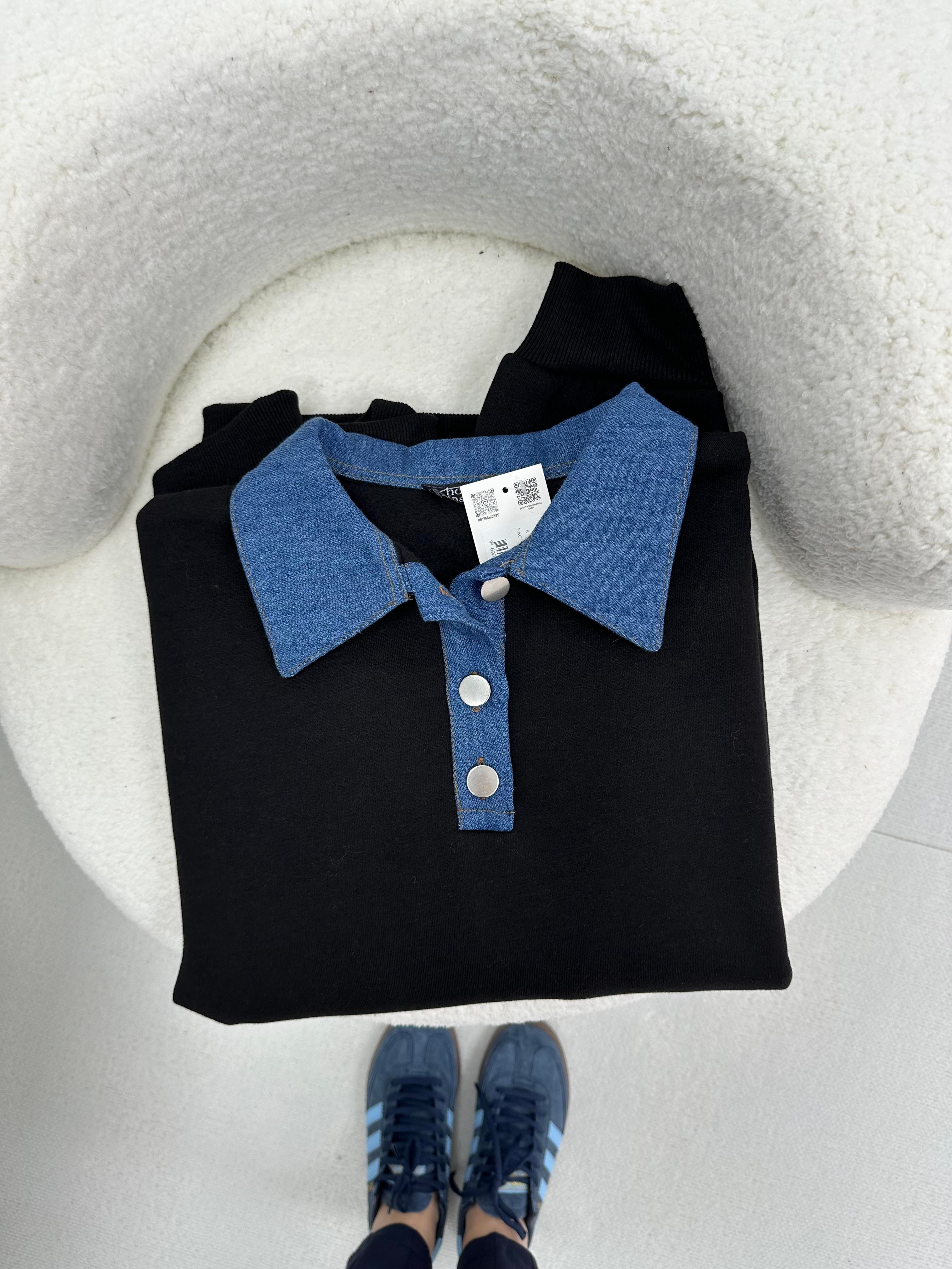 Siyah Yakası Kot Detaylı Şardonlu Sweatshirt