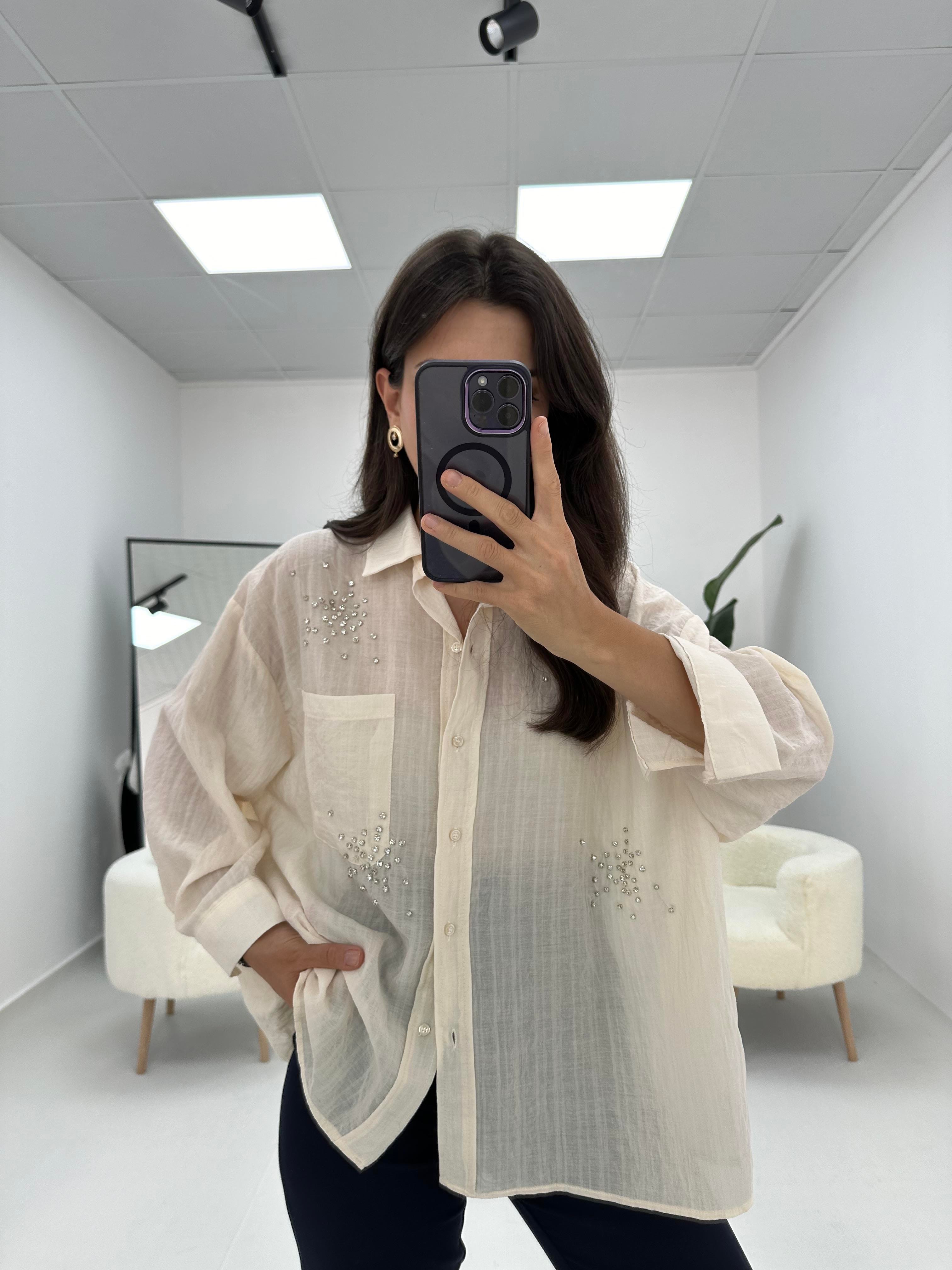 Taş Detaylı Oversize Taş Gömlek