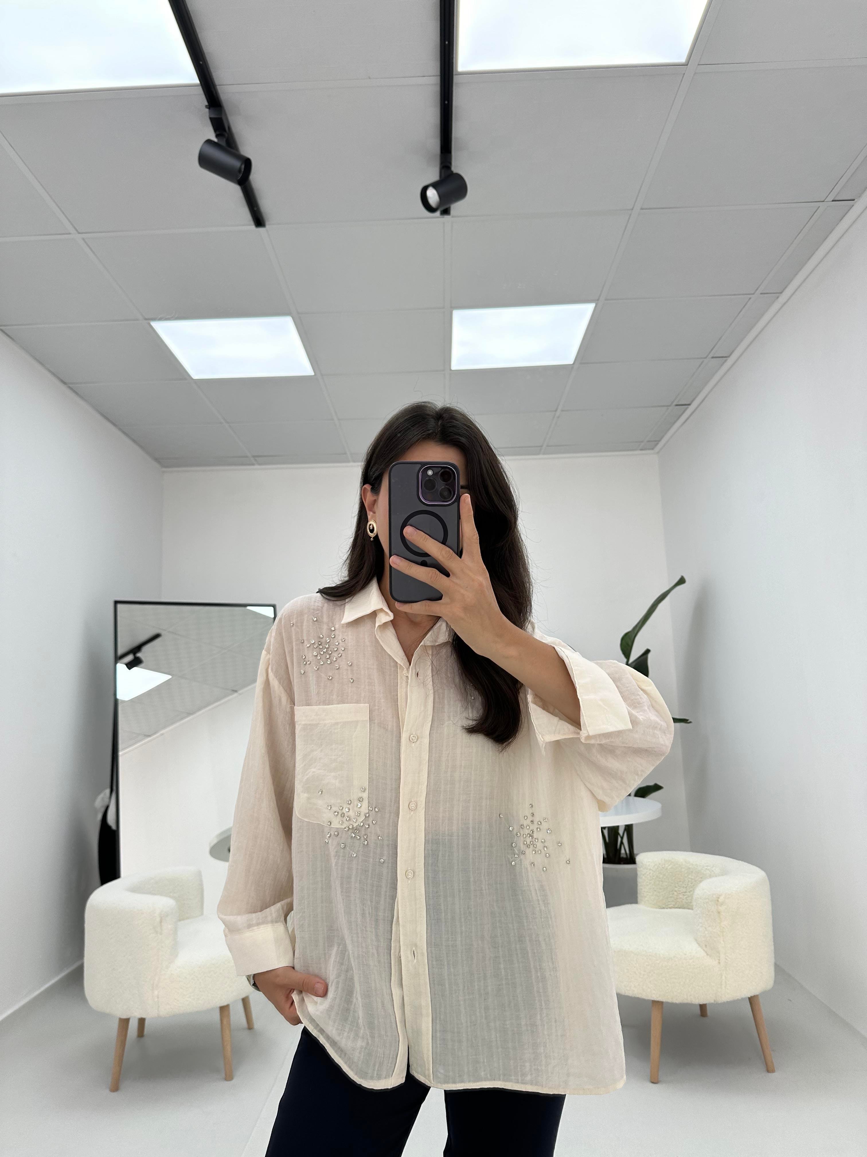 Taş Detaylı Oversize Taş Gömlek