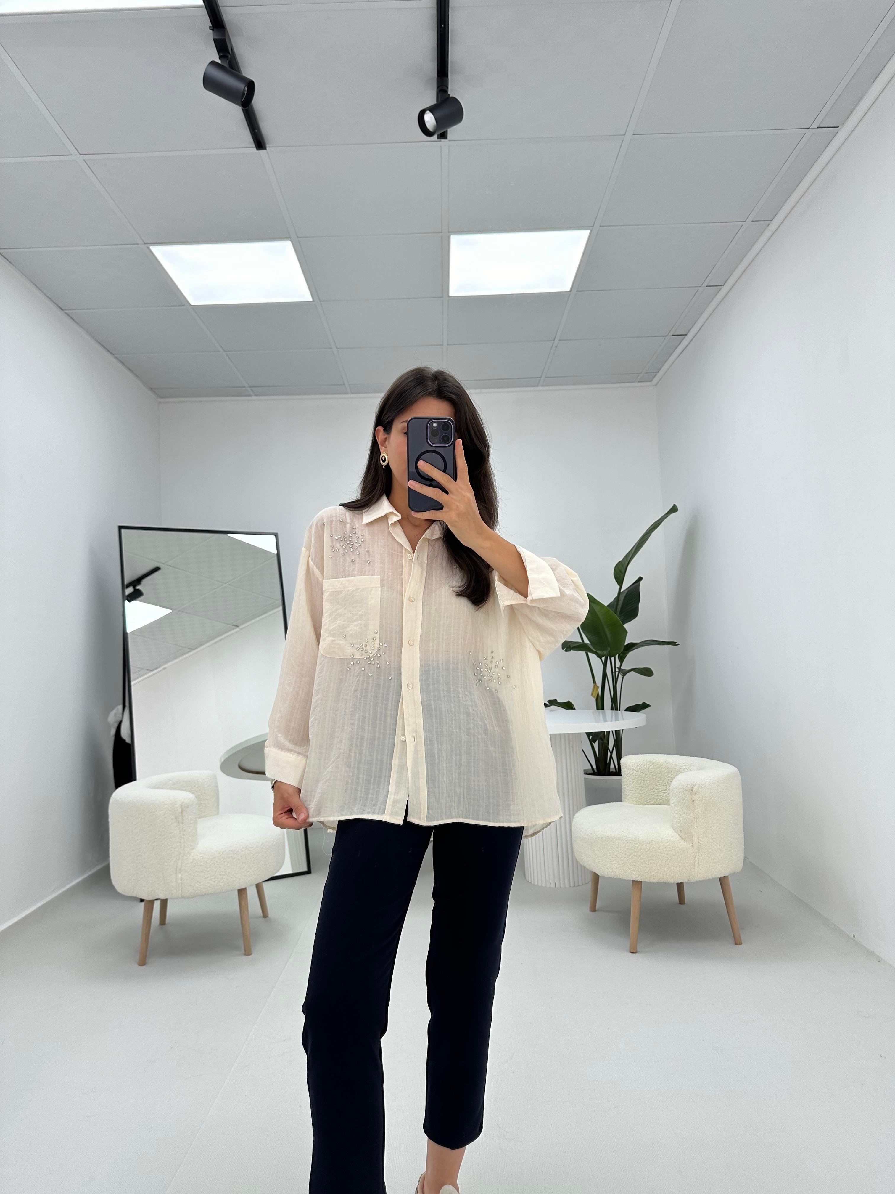 Taş Detaylı Oversize Taş Gömlek