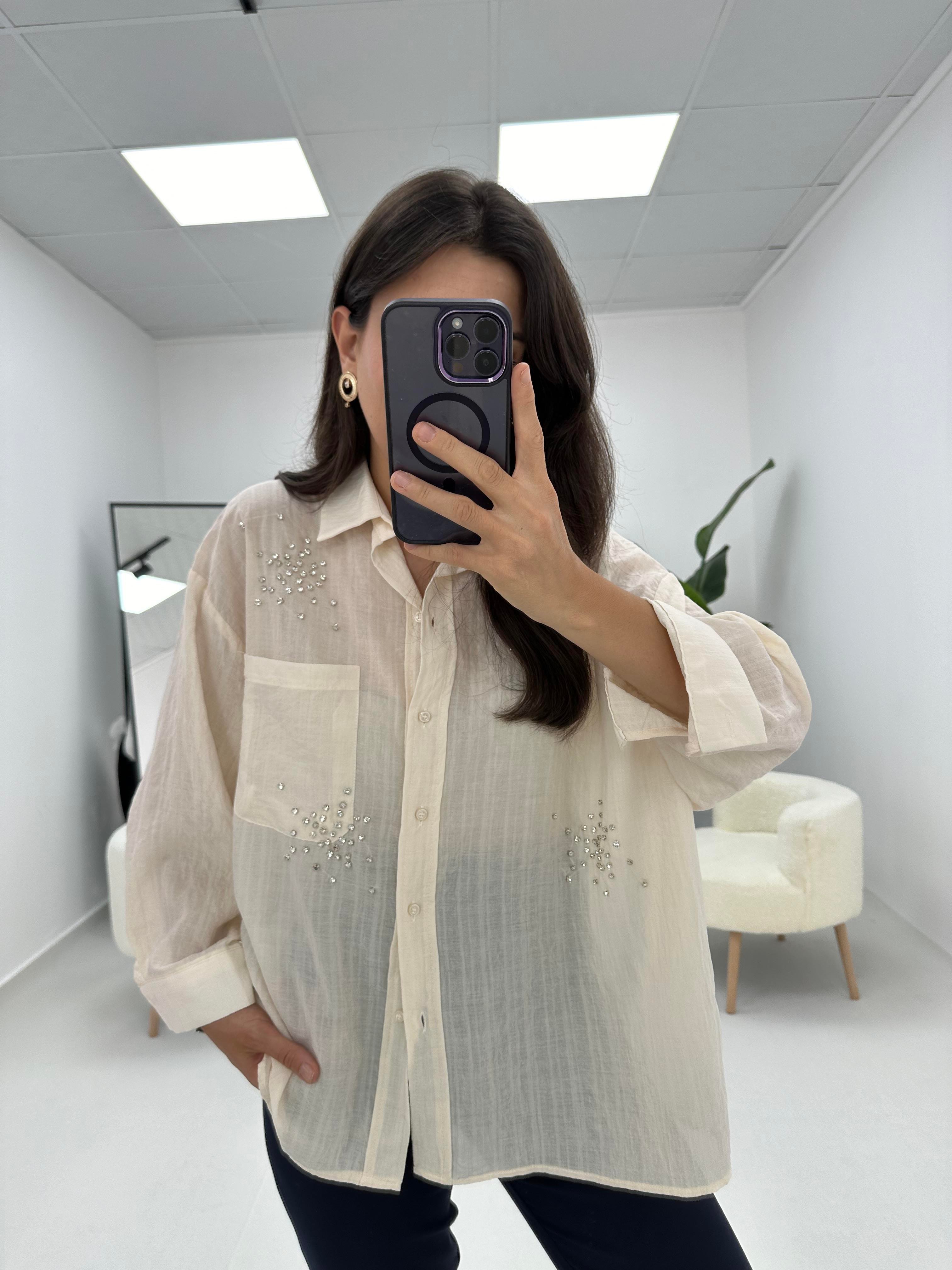 Taş Detaylı Oversize Taş Gömlek