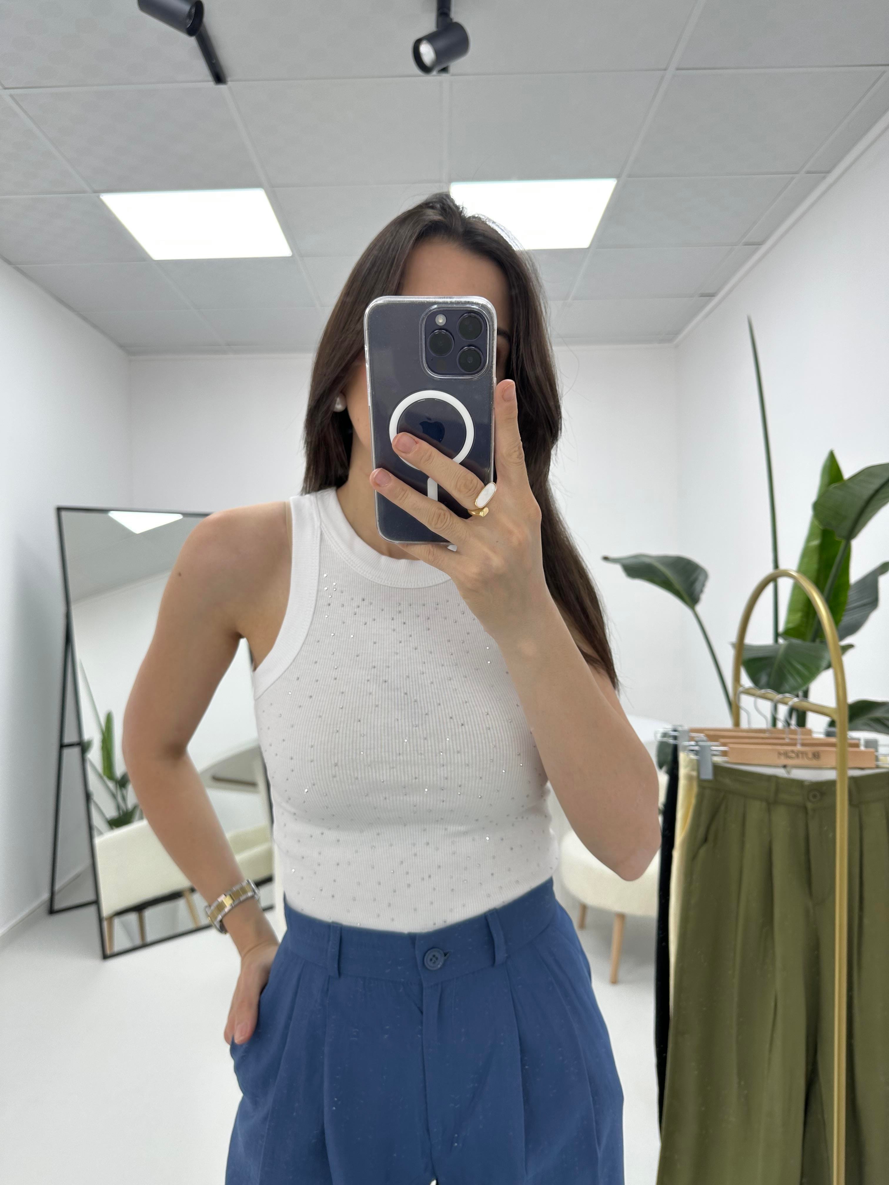 Taşlı Crop Beyaz