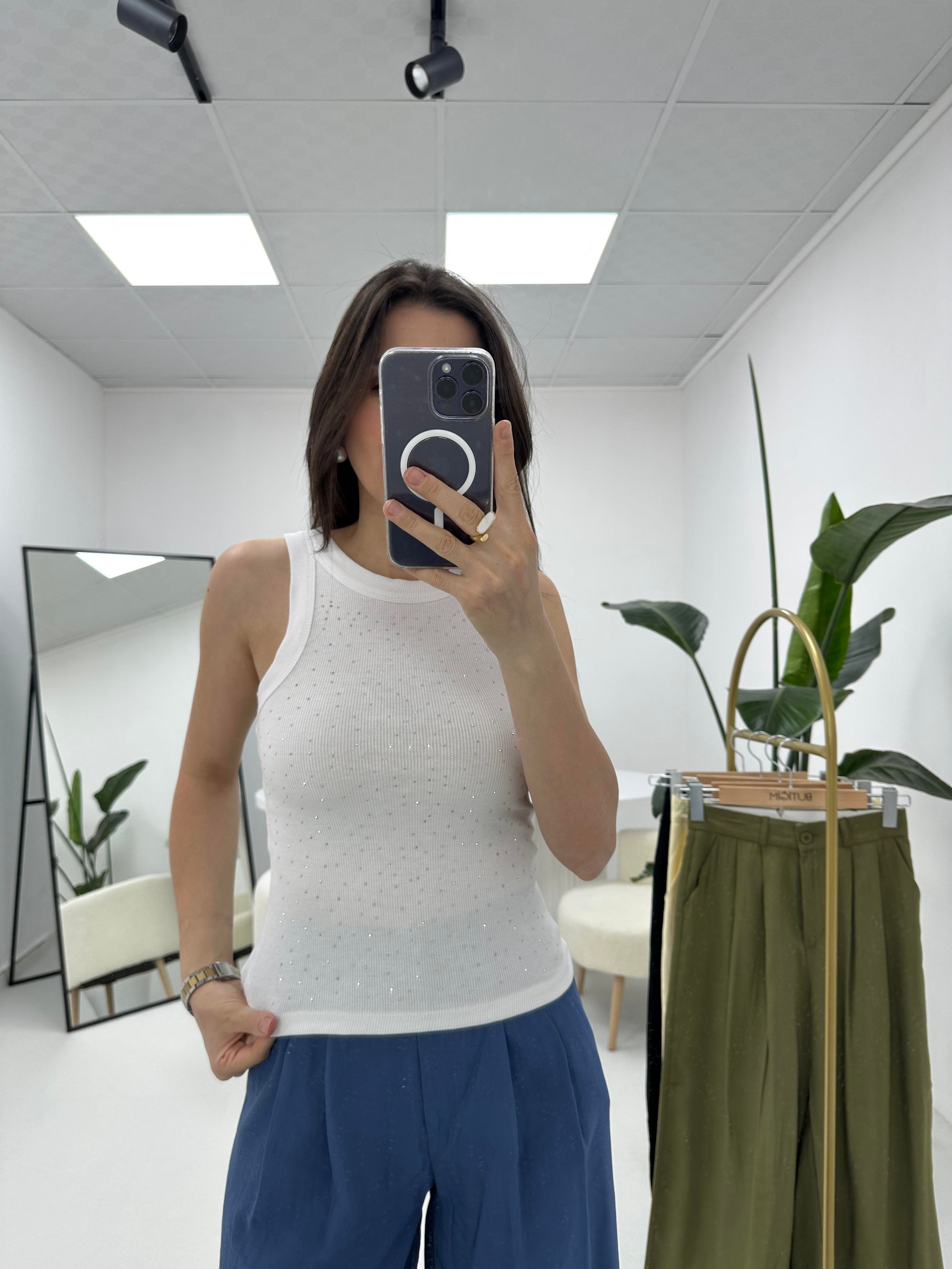 Taşlı Crop Beyaz
