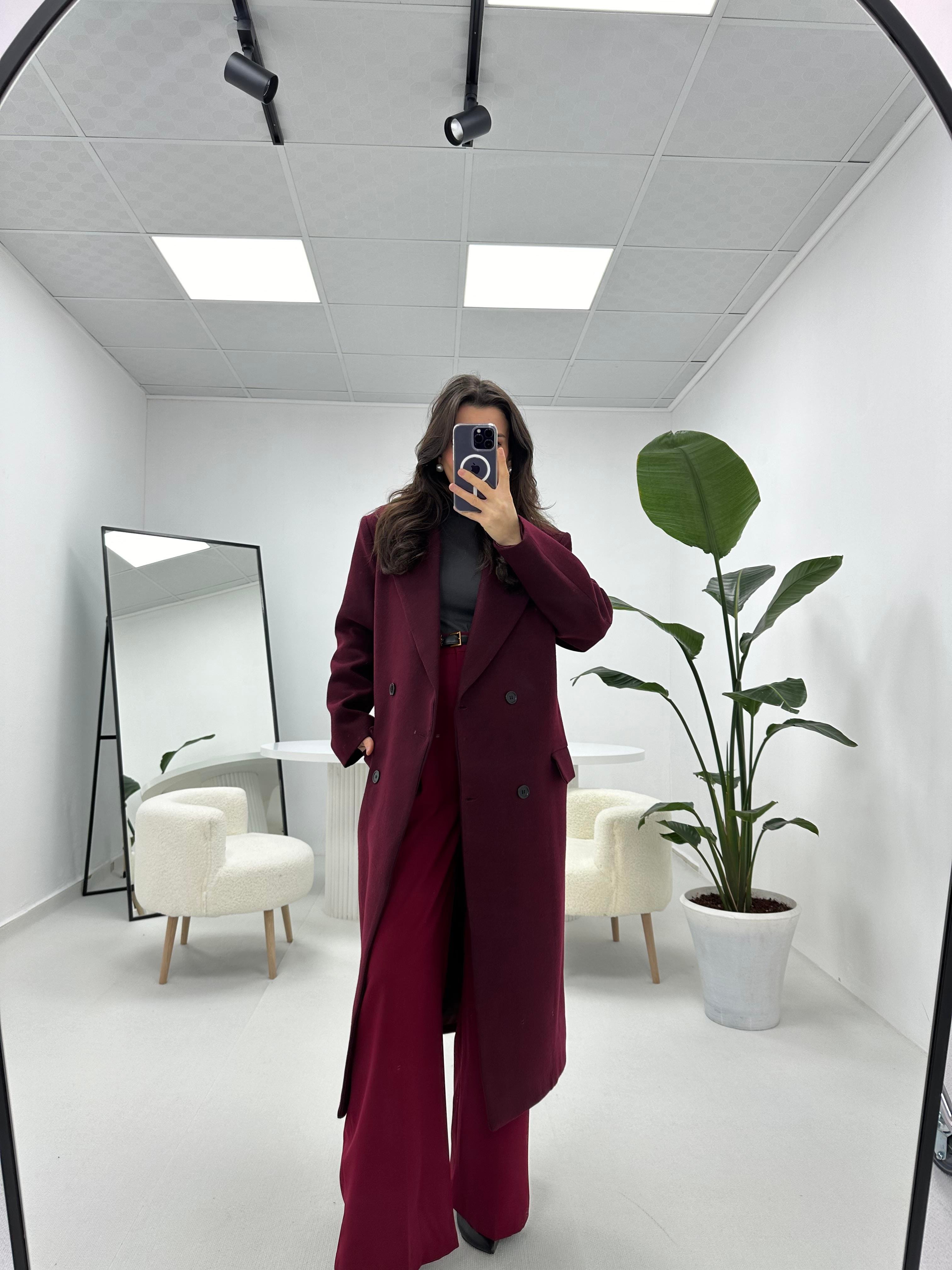 Tok Dokulu Premium Kalite Astarlı Bordo  Kaban