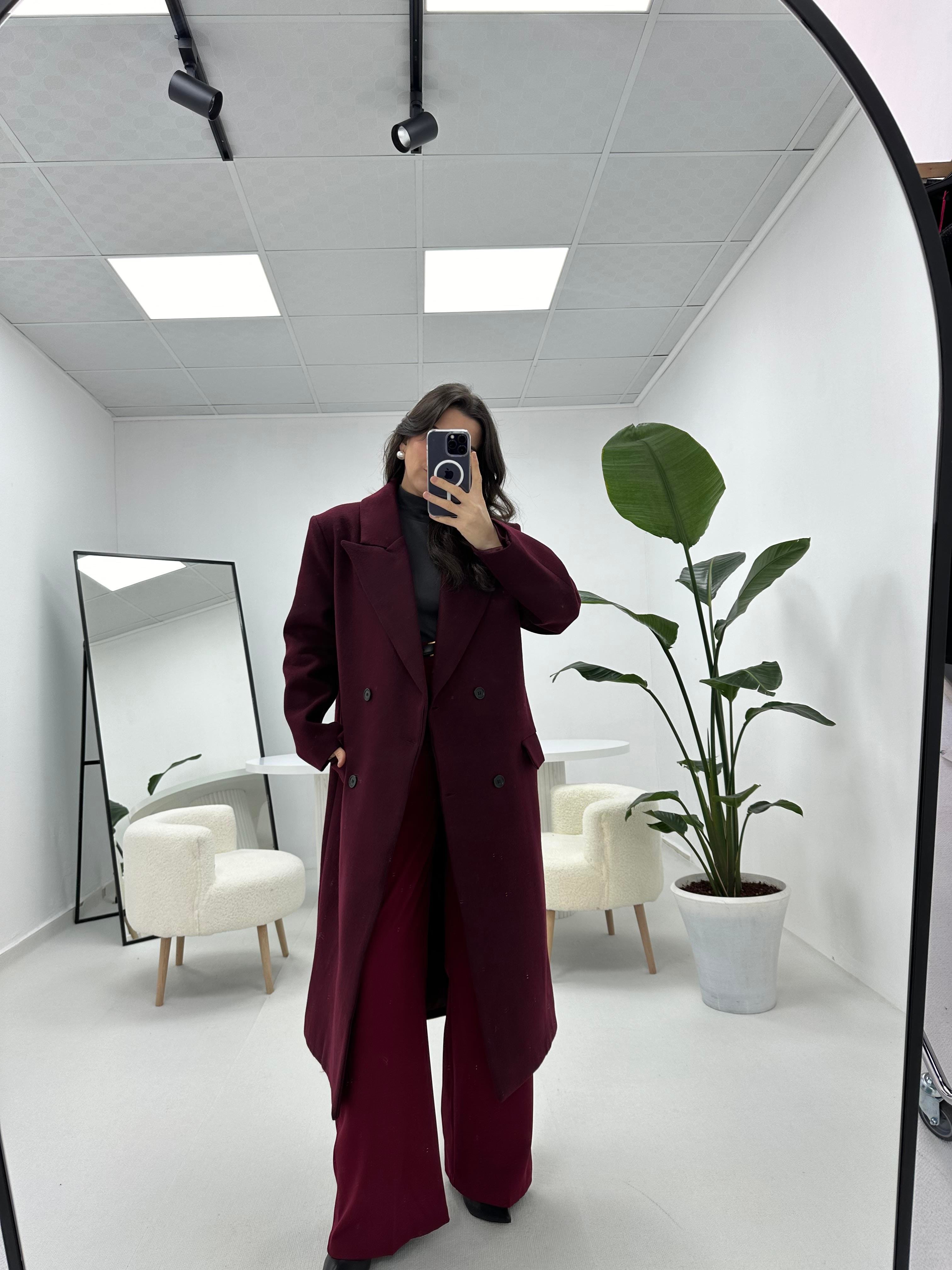 Tok Dokulu Premium Kalite Astarlı Bordo  Kaban