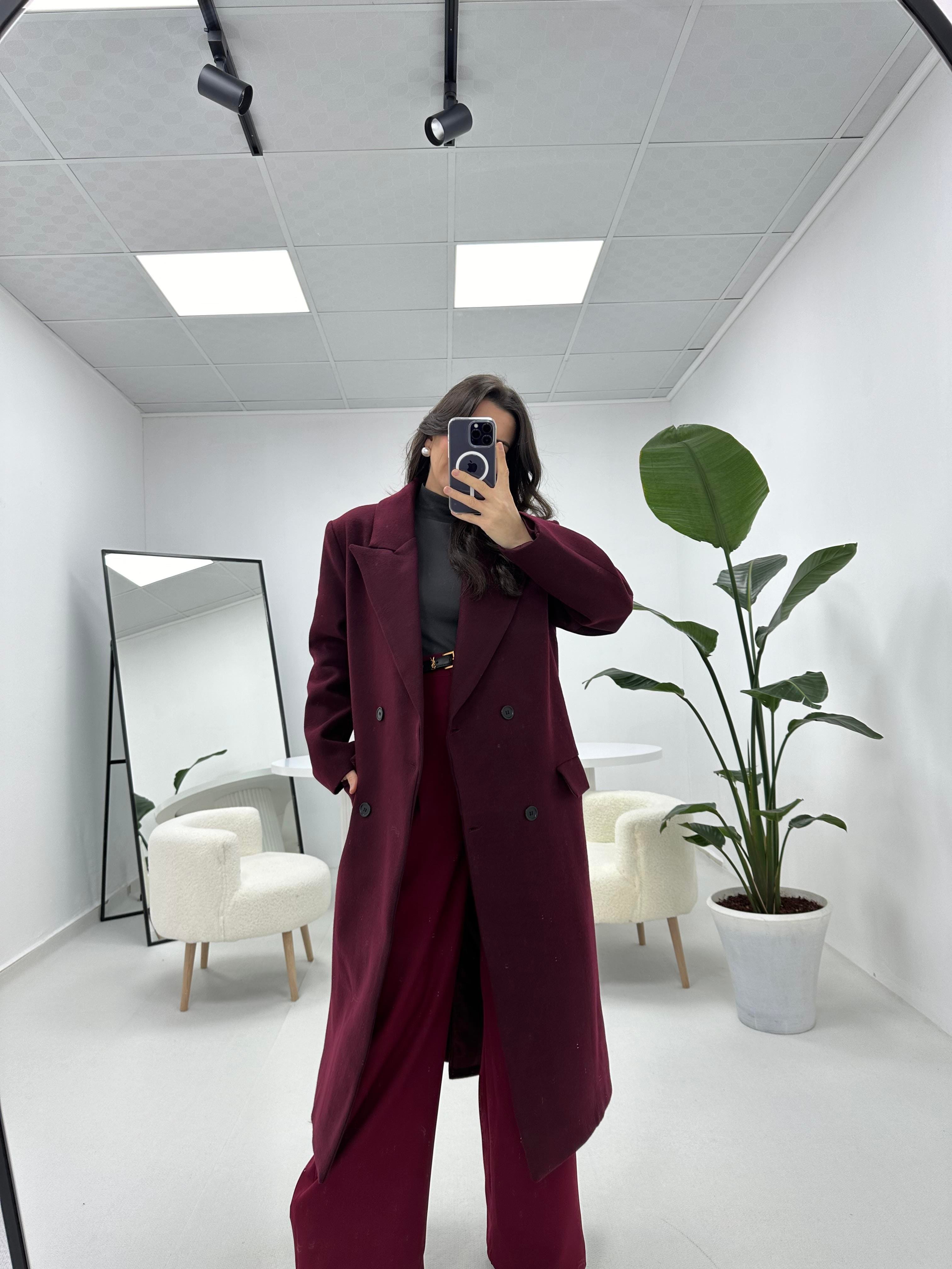 Tok Dokulu Premium Kalite Astarlı Bordo  Kaban