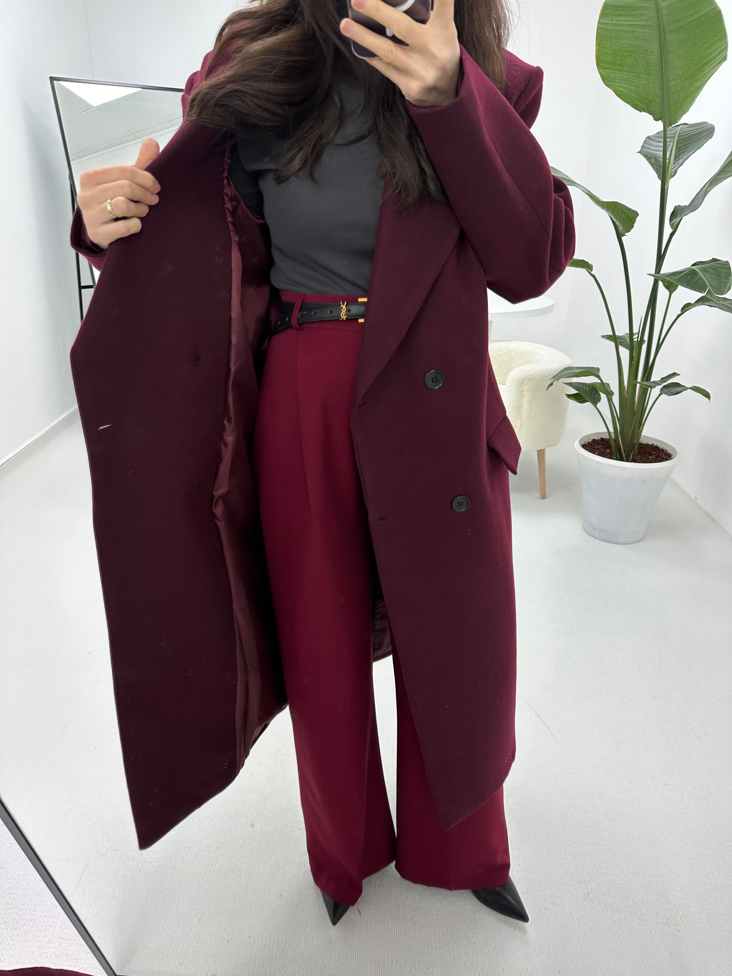 Tok Dokulu Premium Kalite Astarlı Bordo  Kaban