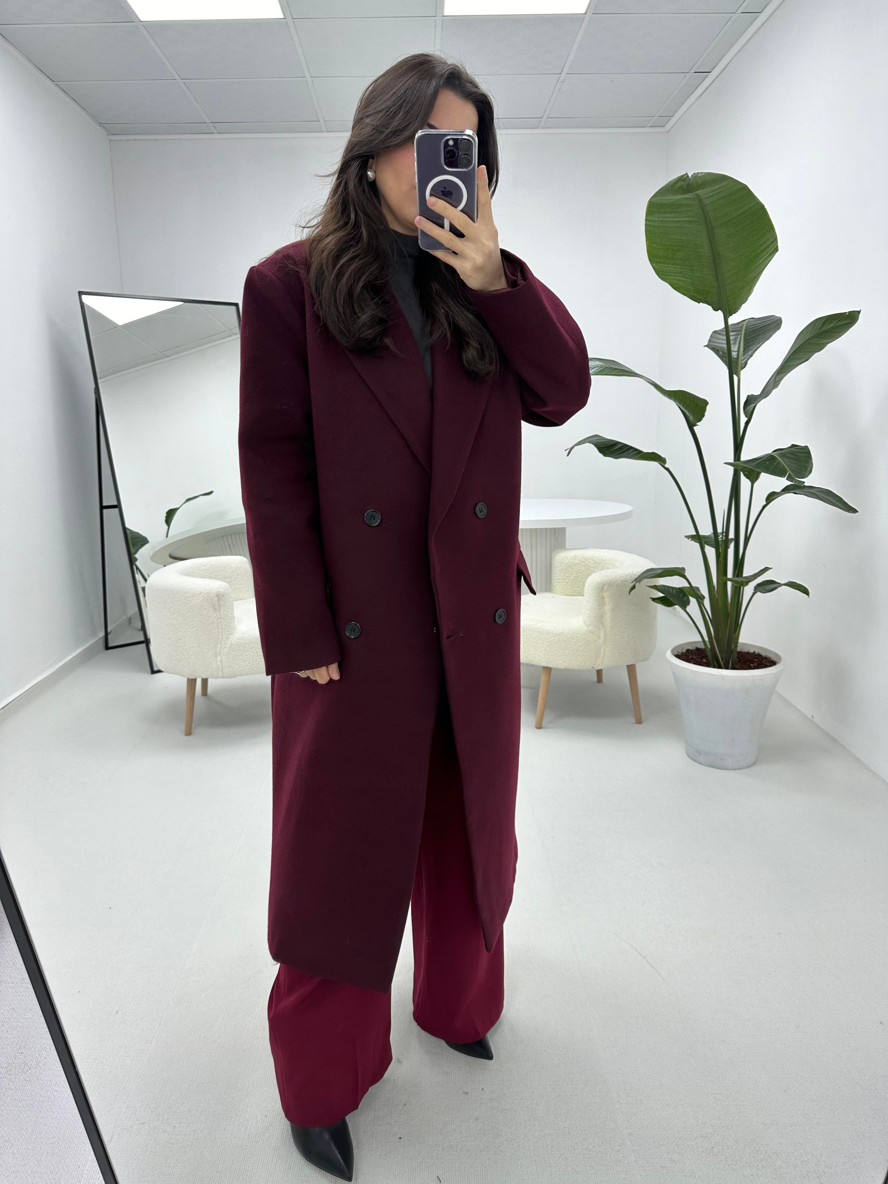 Tok Dokulu Premium Kalite Astarlı Bordo  Kaban