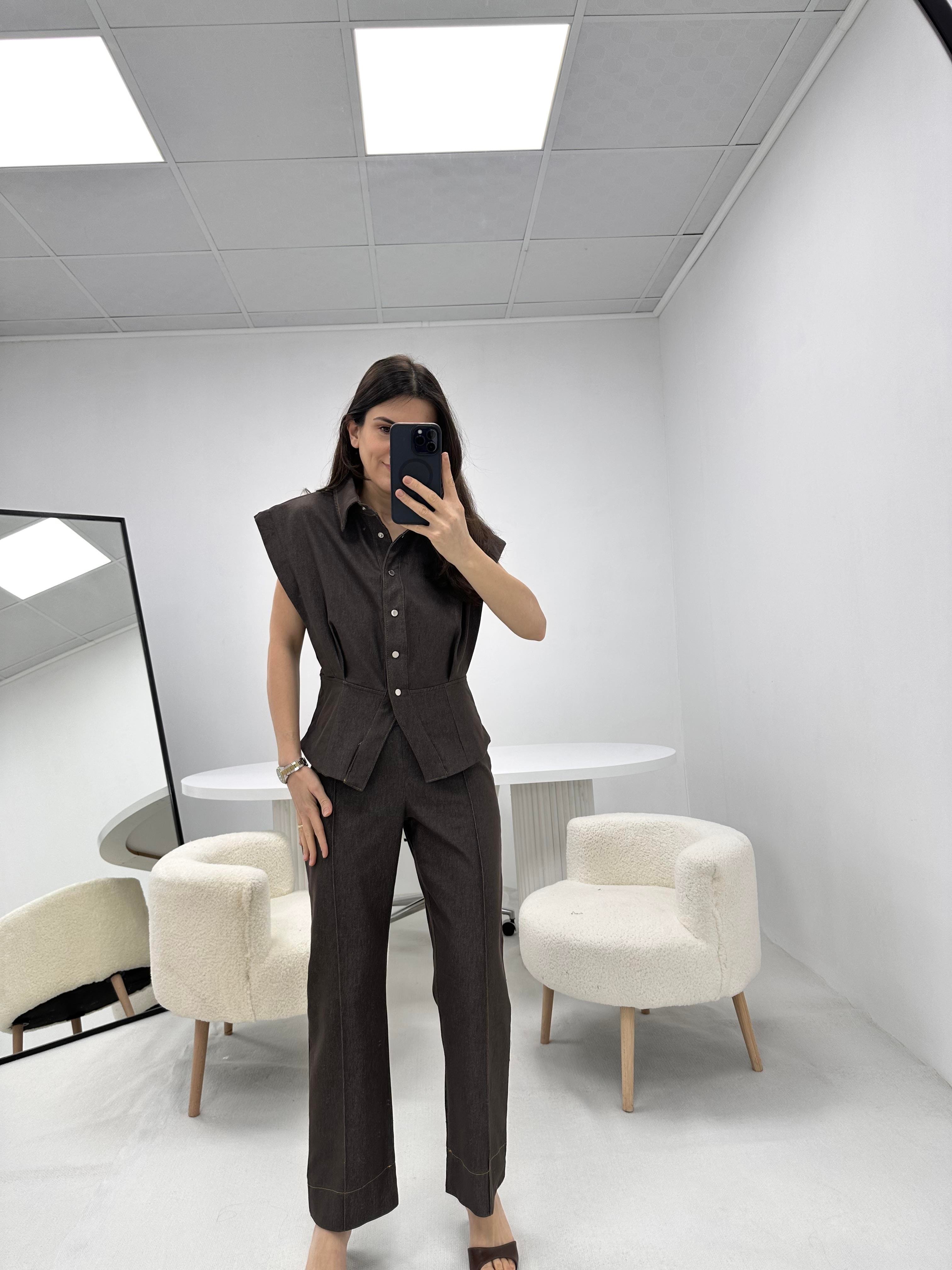 Vatkalı Kahverengi Denim Kot Takım 