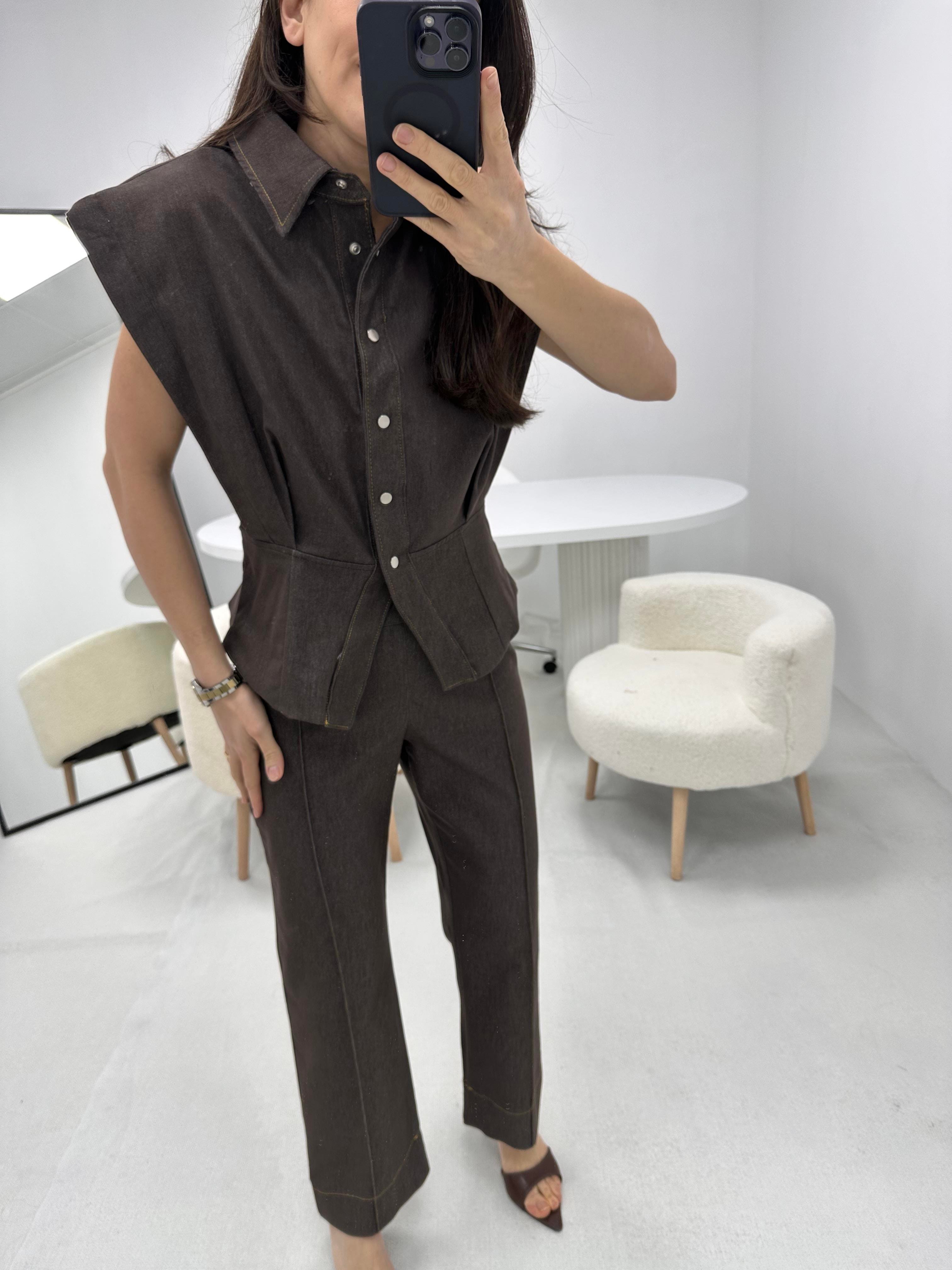 Vatkalı Kahverengi Denim Kot Takım 