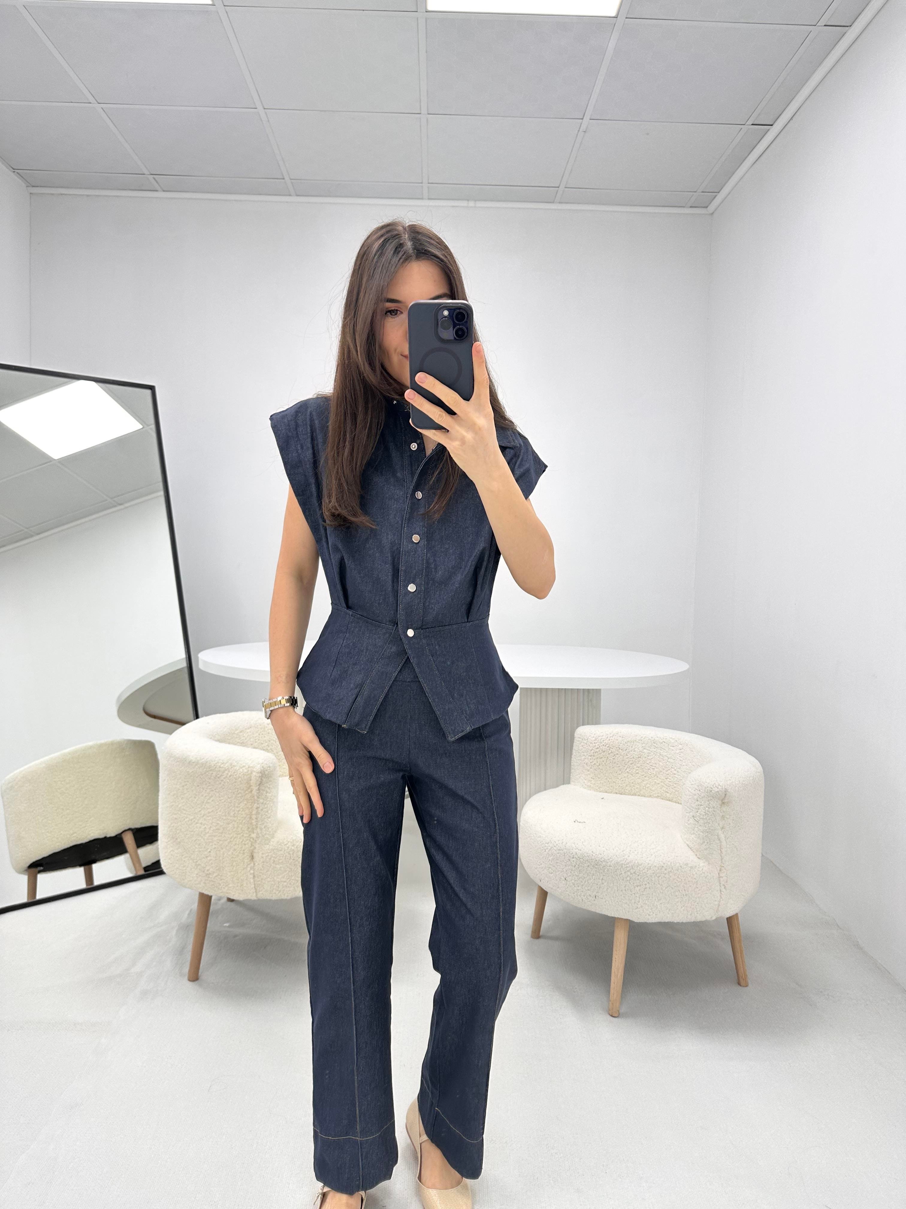 Vatkalı Mavi  Denim Kot Takım 