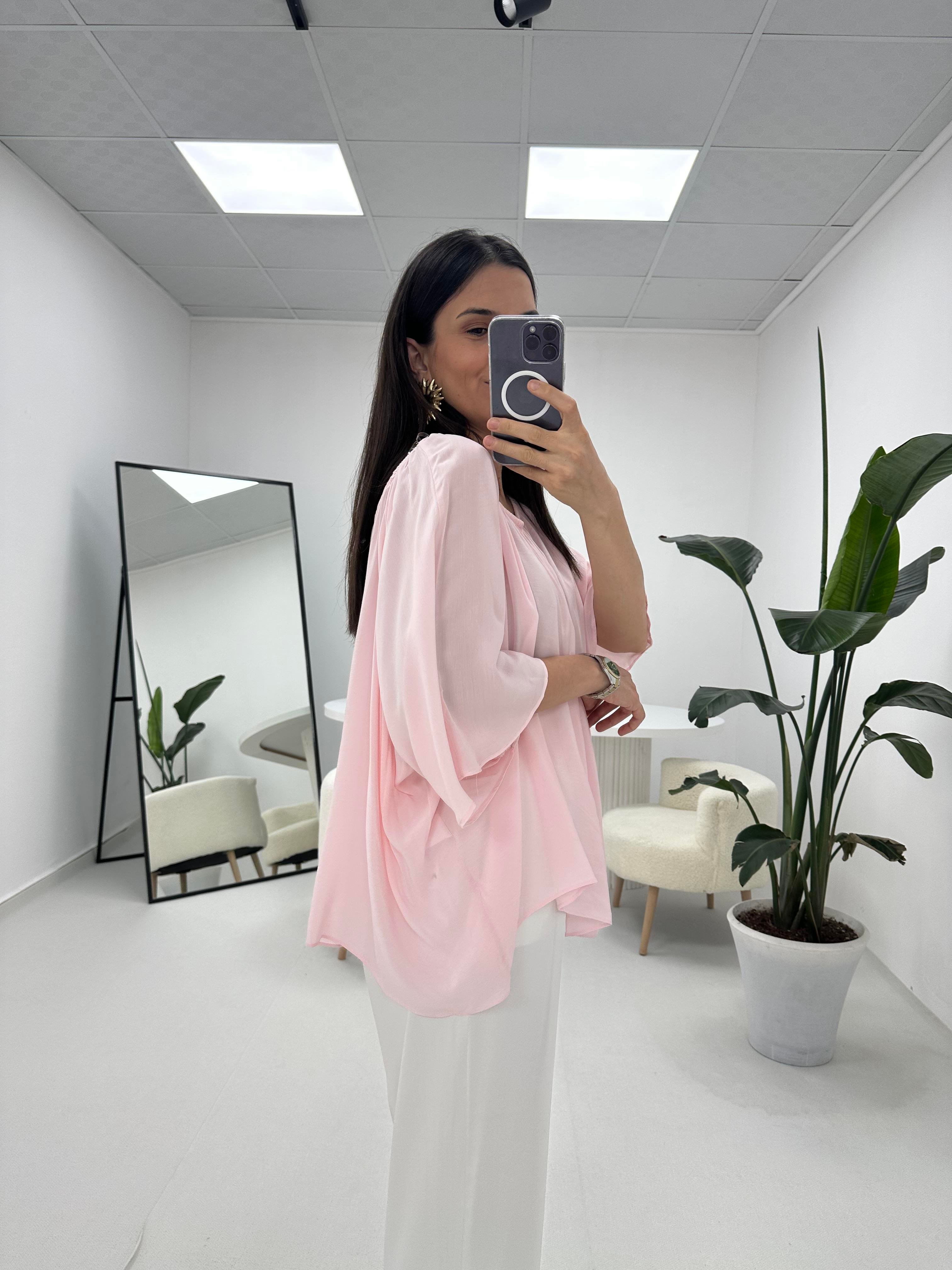 Yakası Lastikli Pembe Bluz