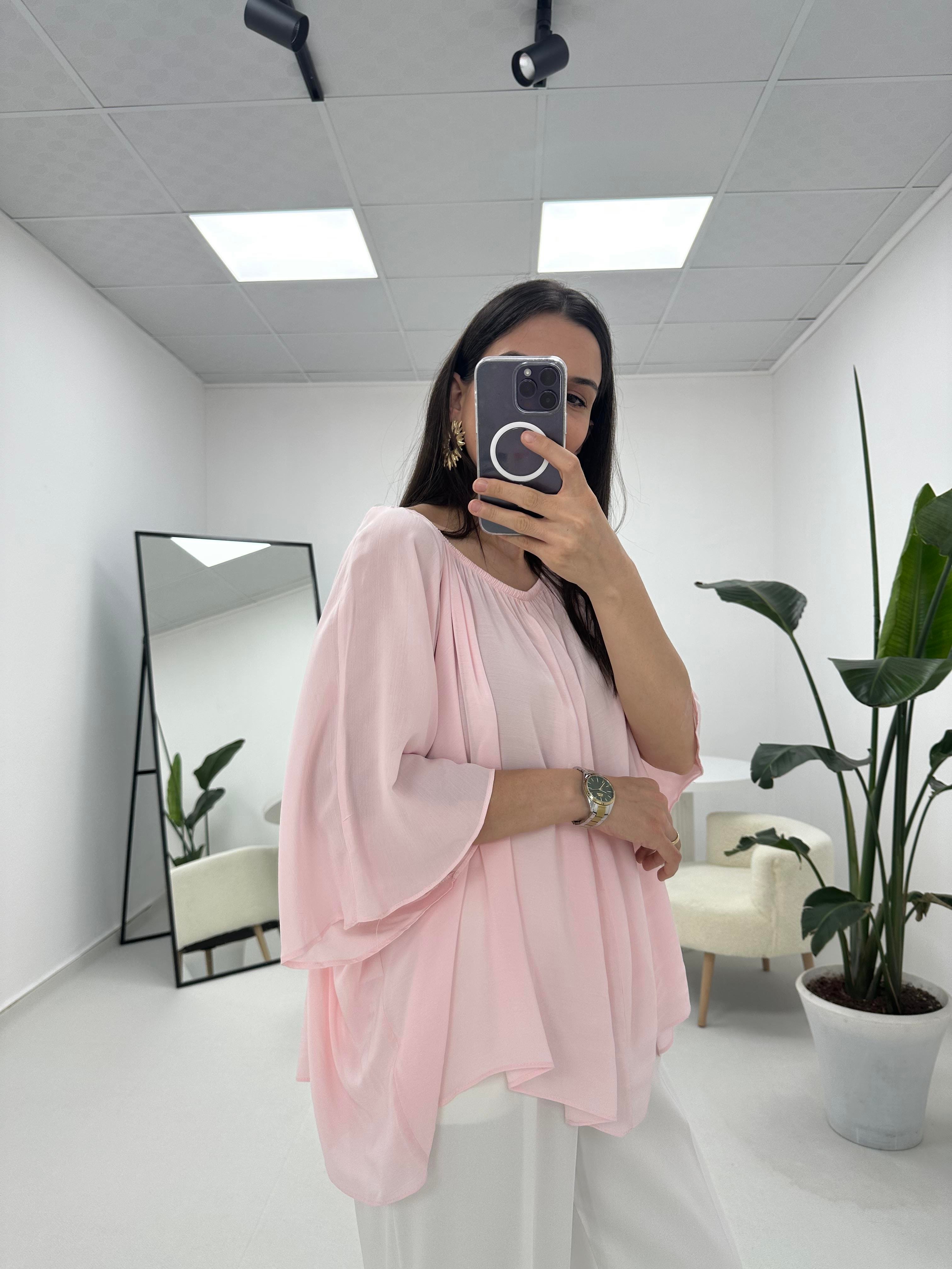 Yakası Lastikli Pembe Bluz