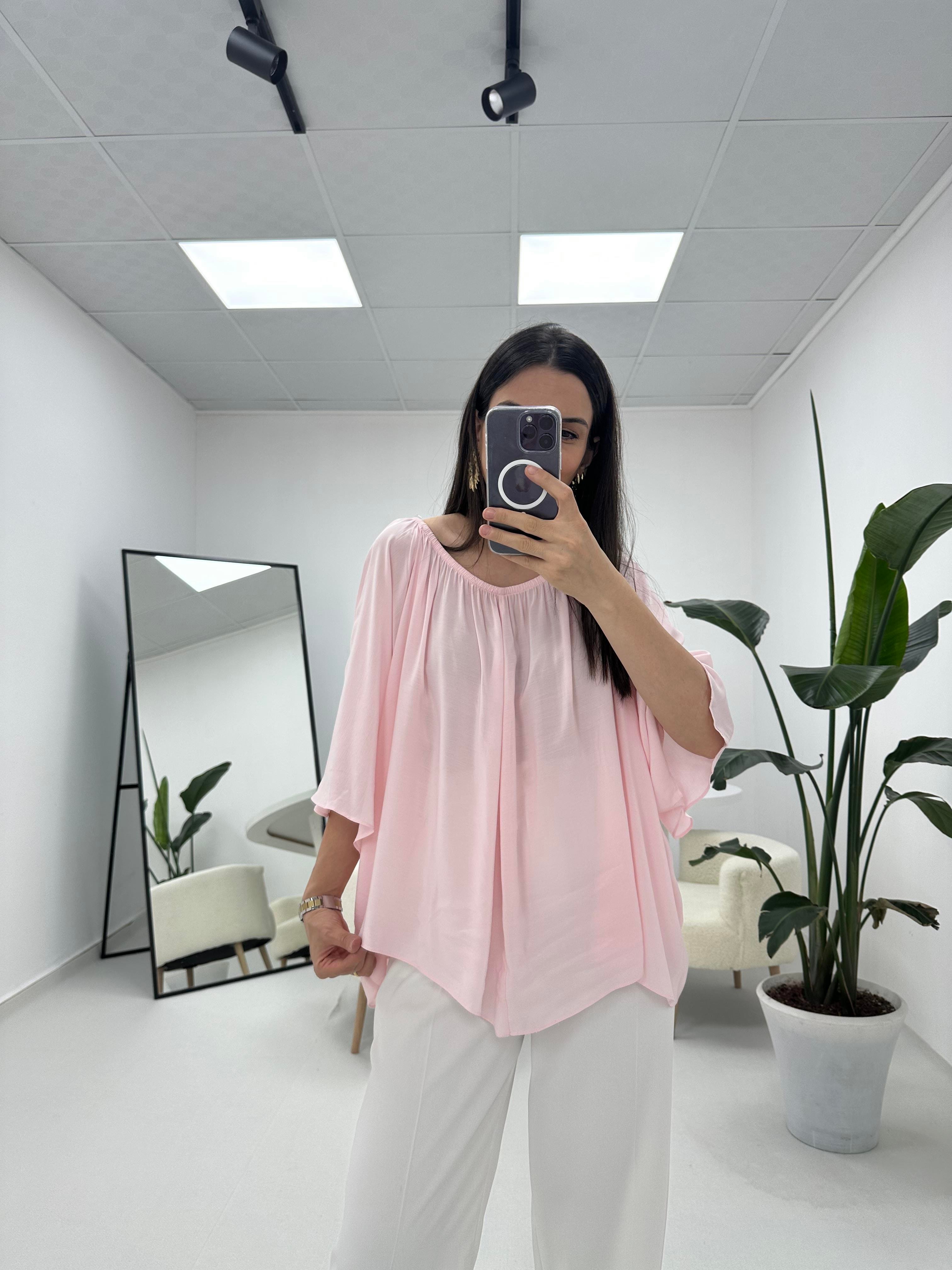 Yakası Lastikli Pembe Bluz