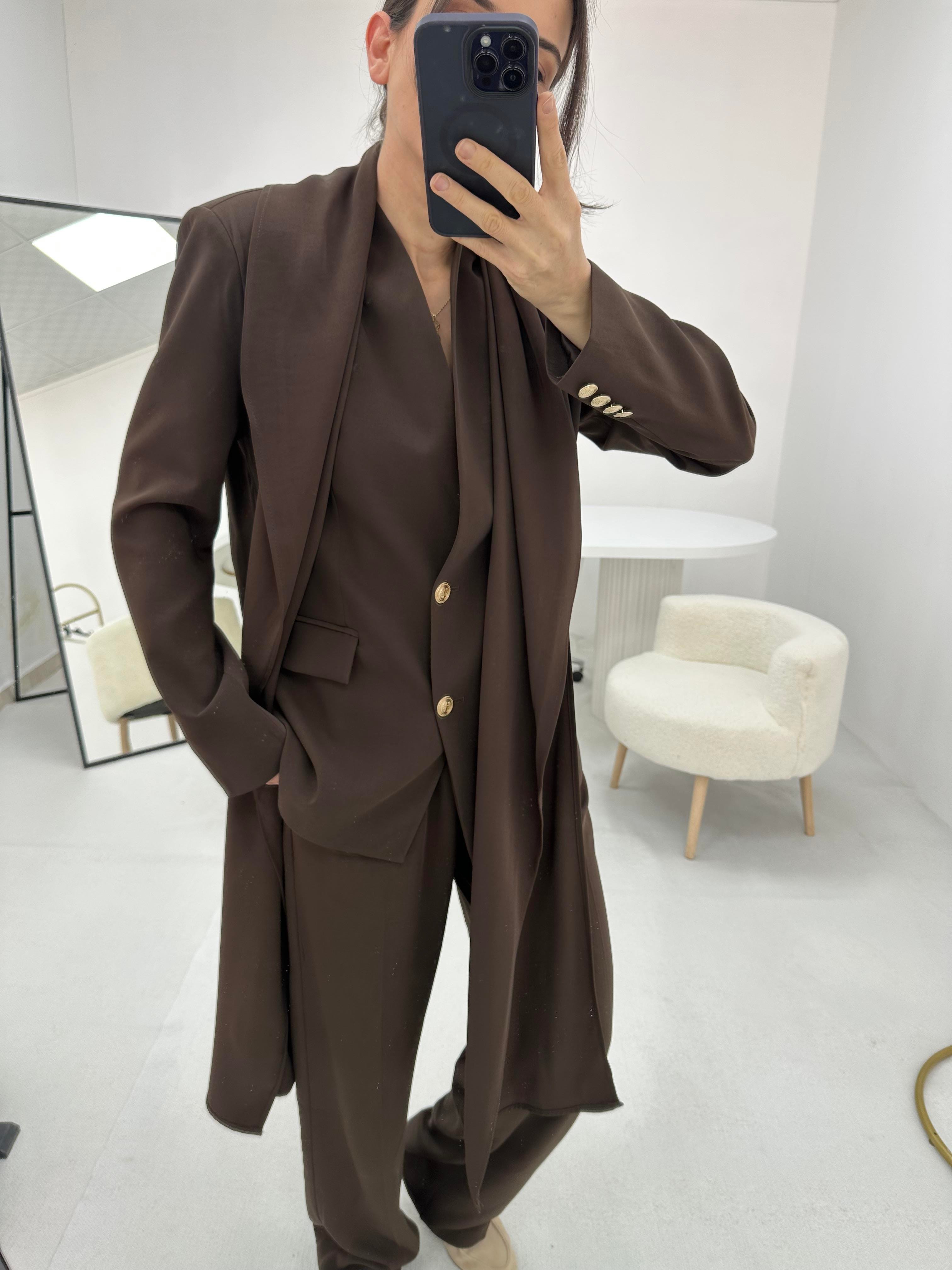 Yakası Şal Detaylı Kahverengi   Blazer  ceket 