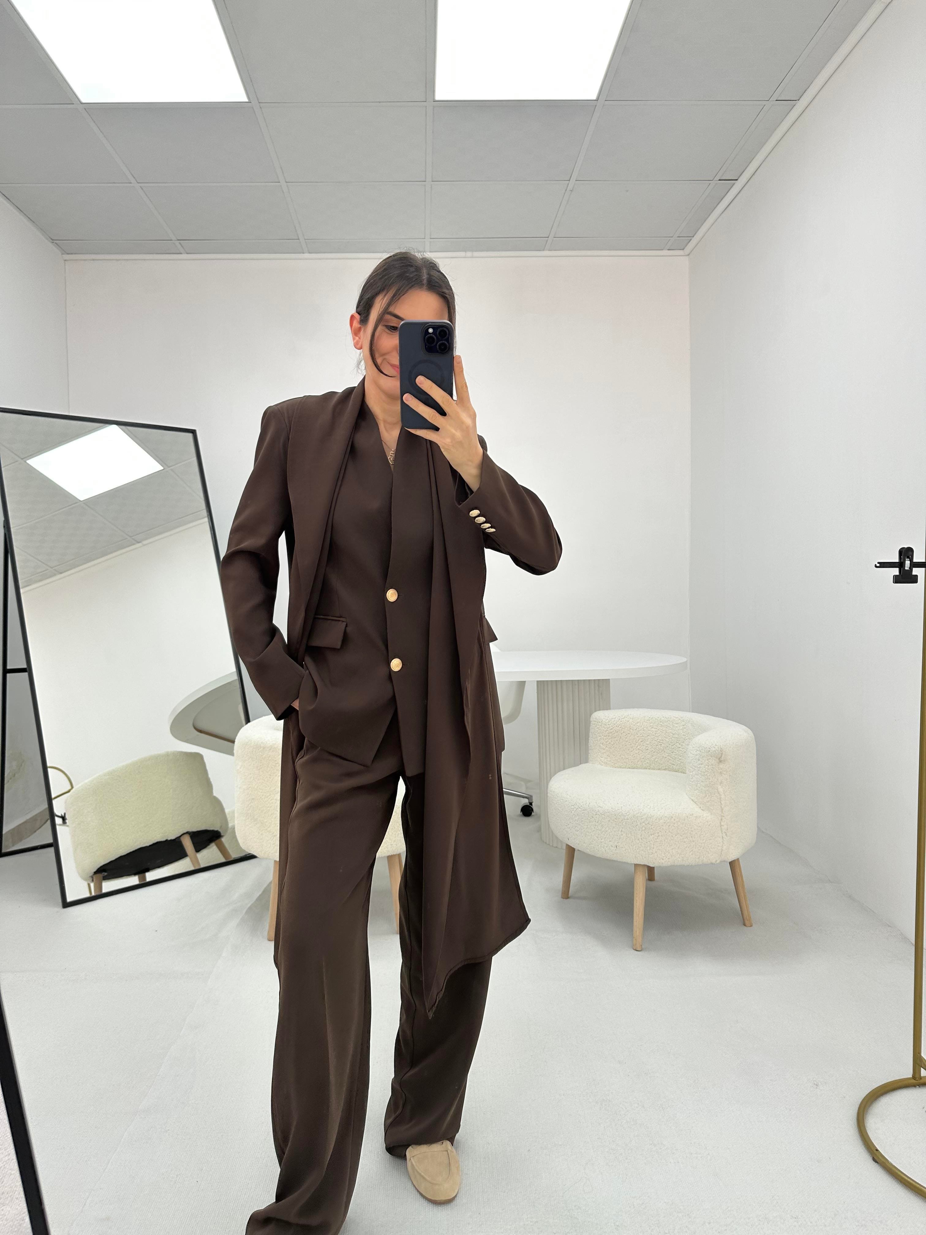 Yakası Şal Detaylı Kahverengi   Blazer  ceket 