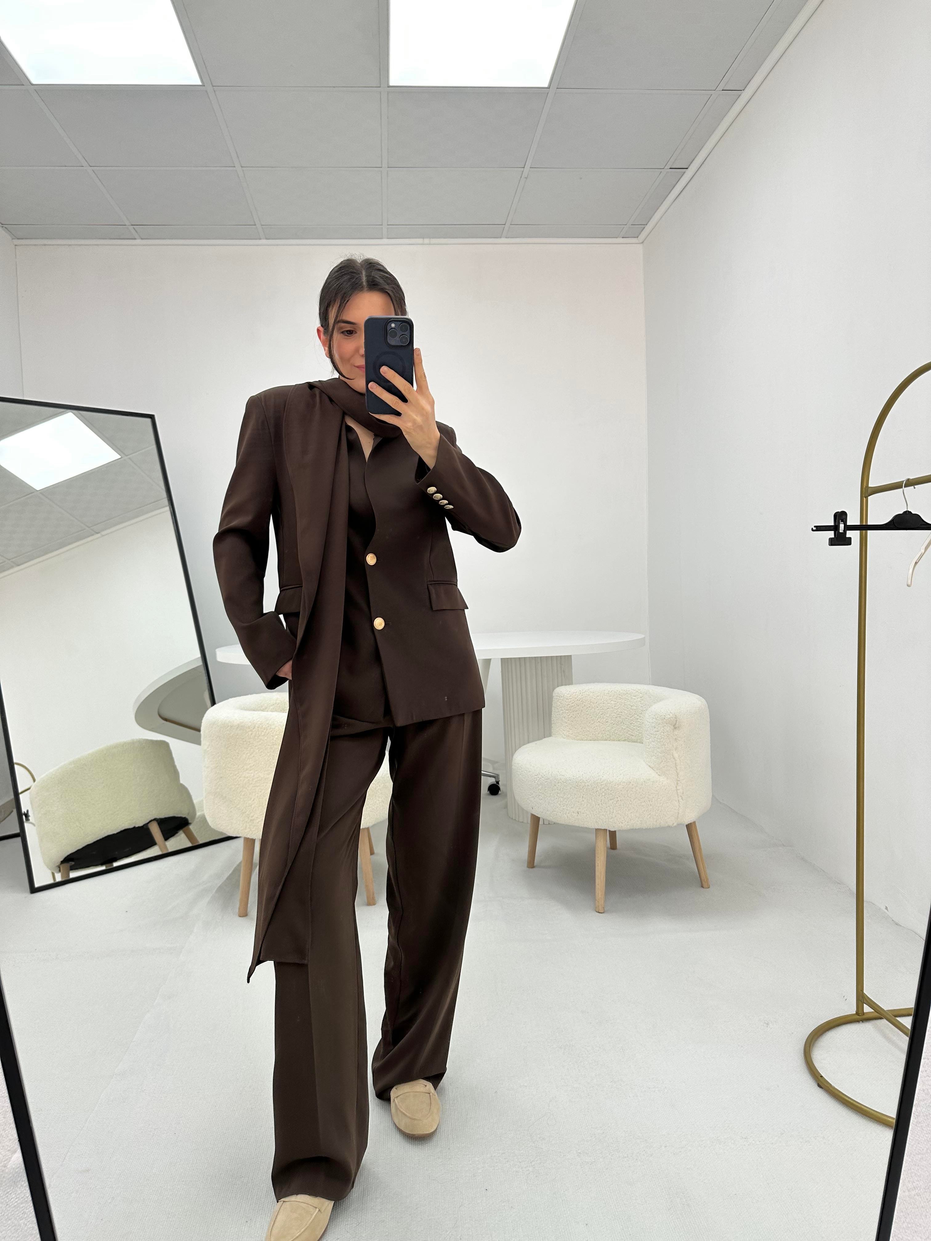 Yakası Şal Detaylı Kahverengi   Blazer  ceket 