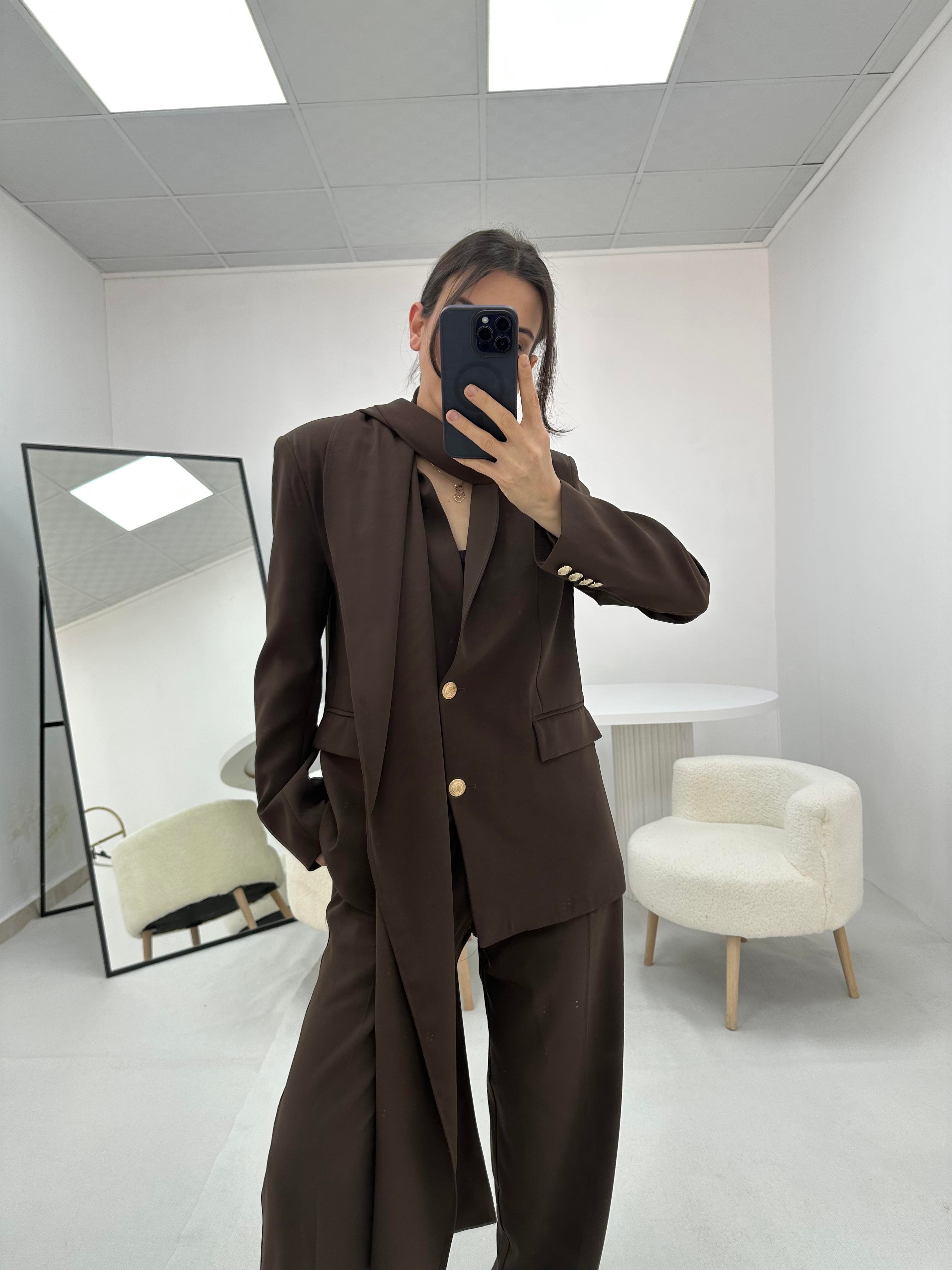 Yakası Şal Detaylı Kahverengi   Blazer  ceket 