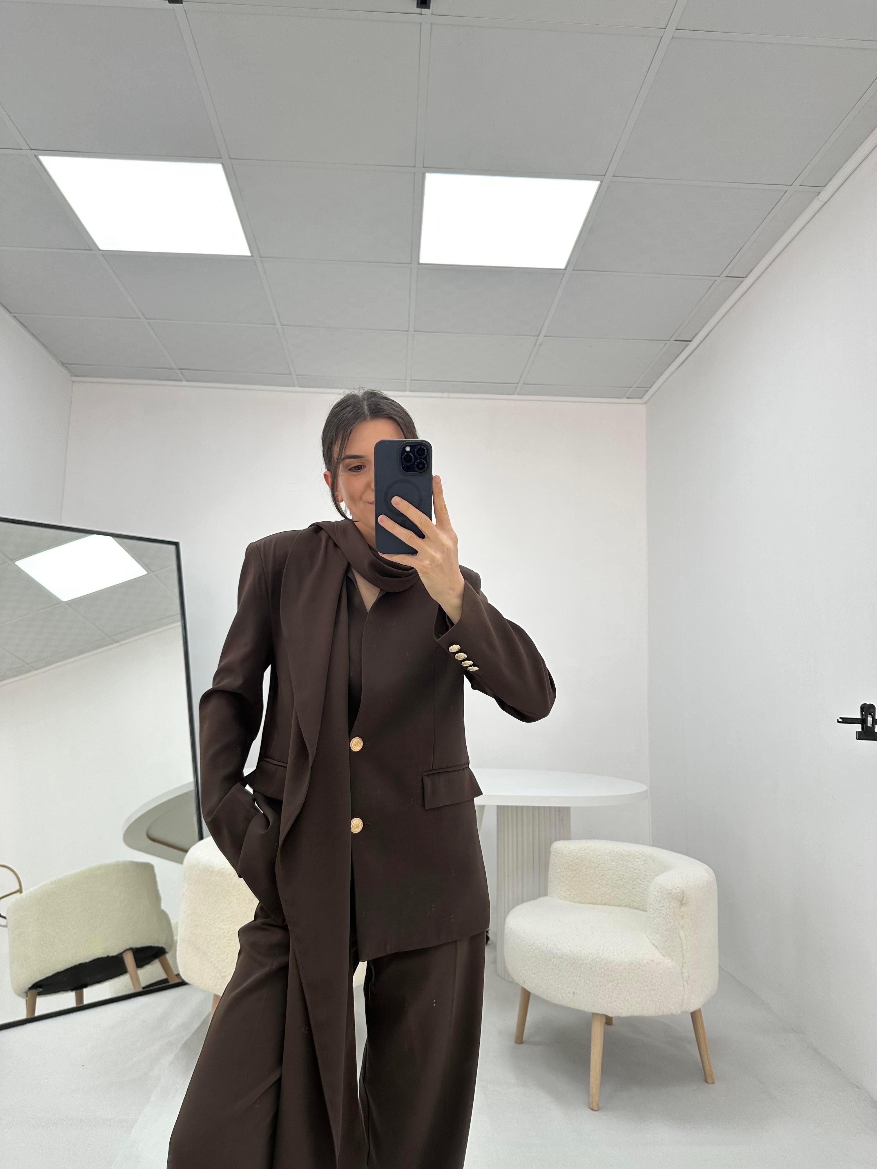 Yakası Şal Detaylı Kahverengi   Blazer  ceket 