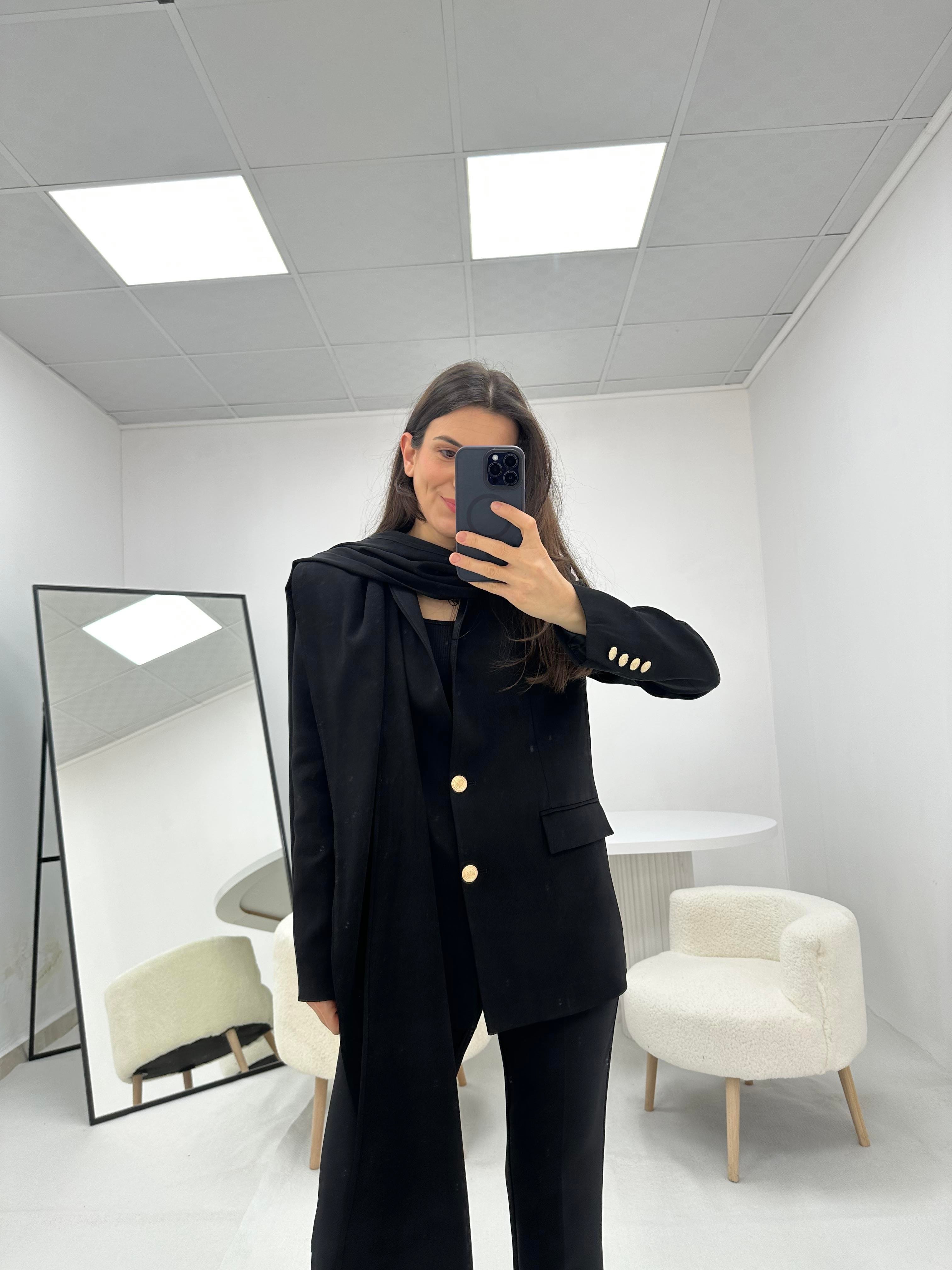 Yakası Şal Detaylı Siyah  Blazer  ceket 