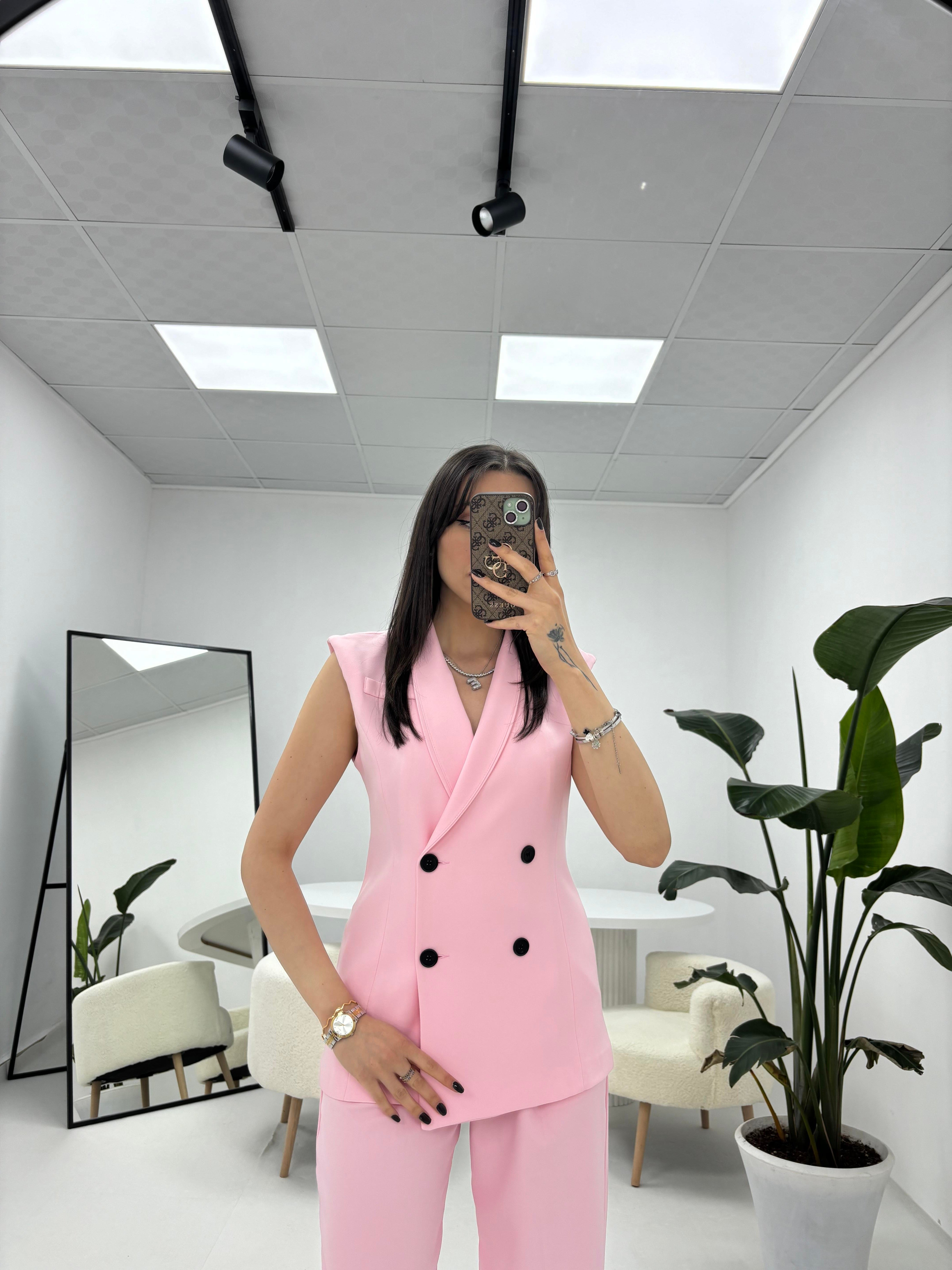 Yelekli Pantolon Pembe Takım