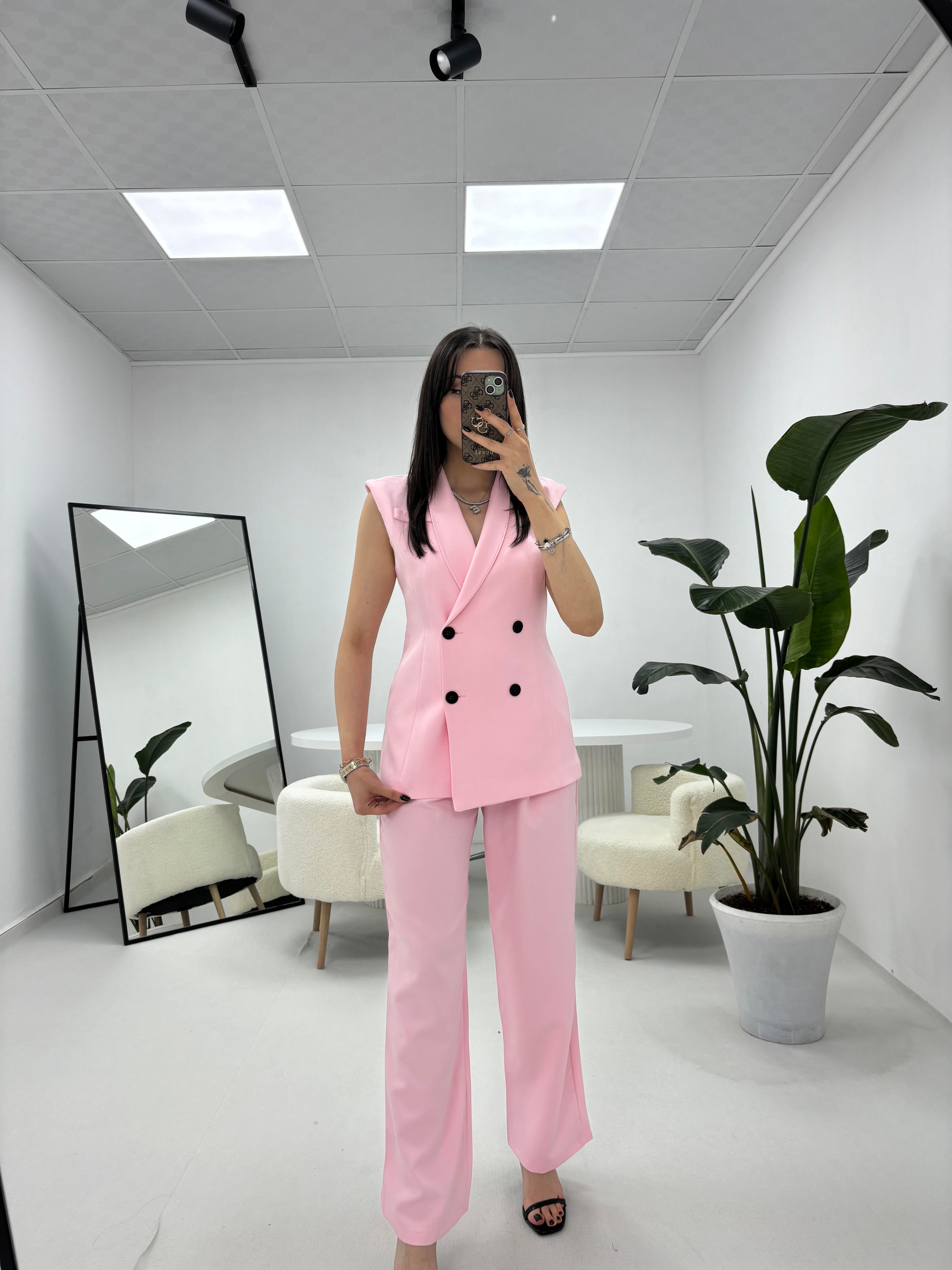 Yelekli Pantolon Pembe Takım