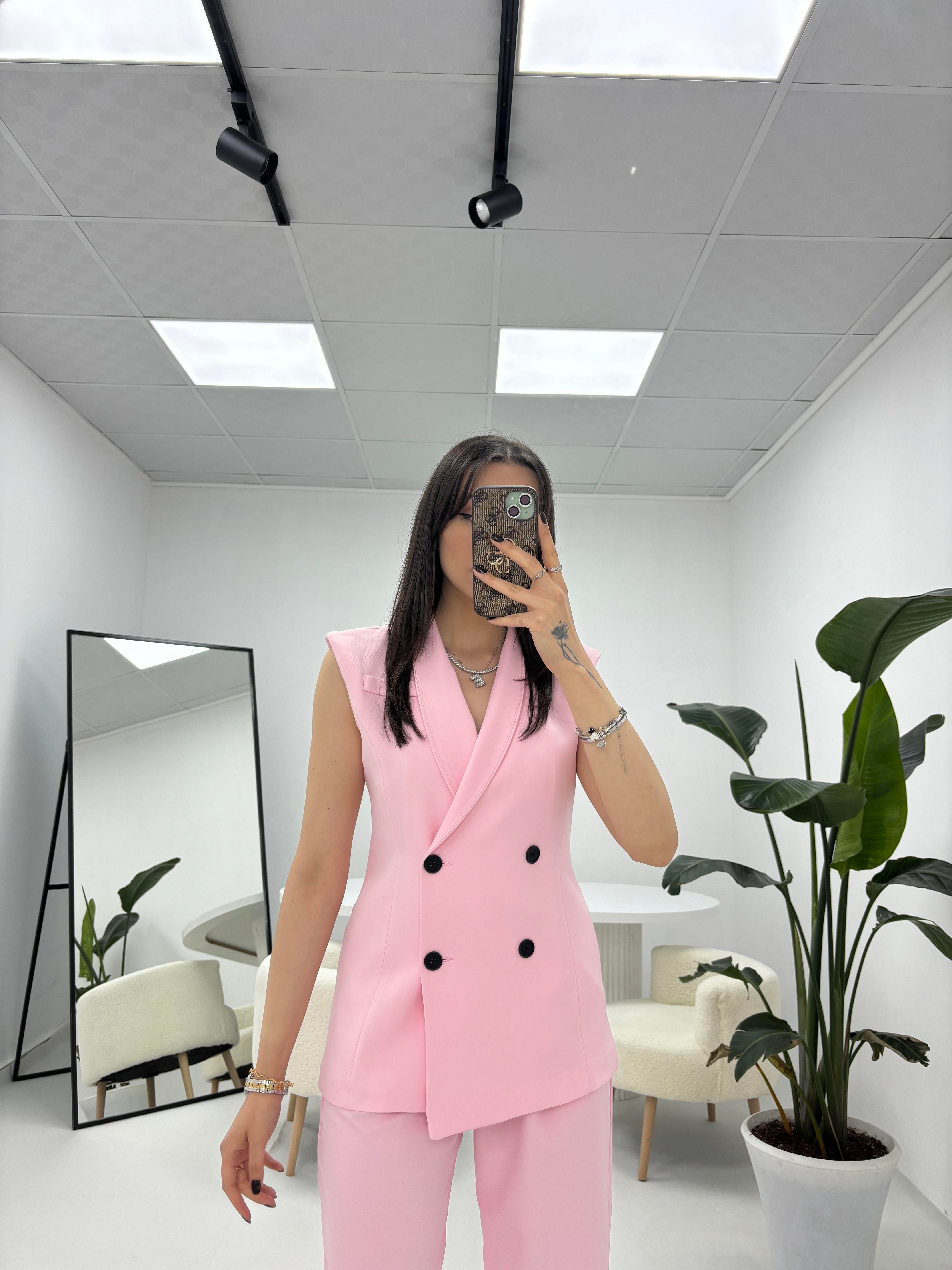 Yelekli Pantolon Pembe Takım