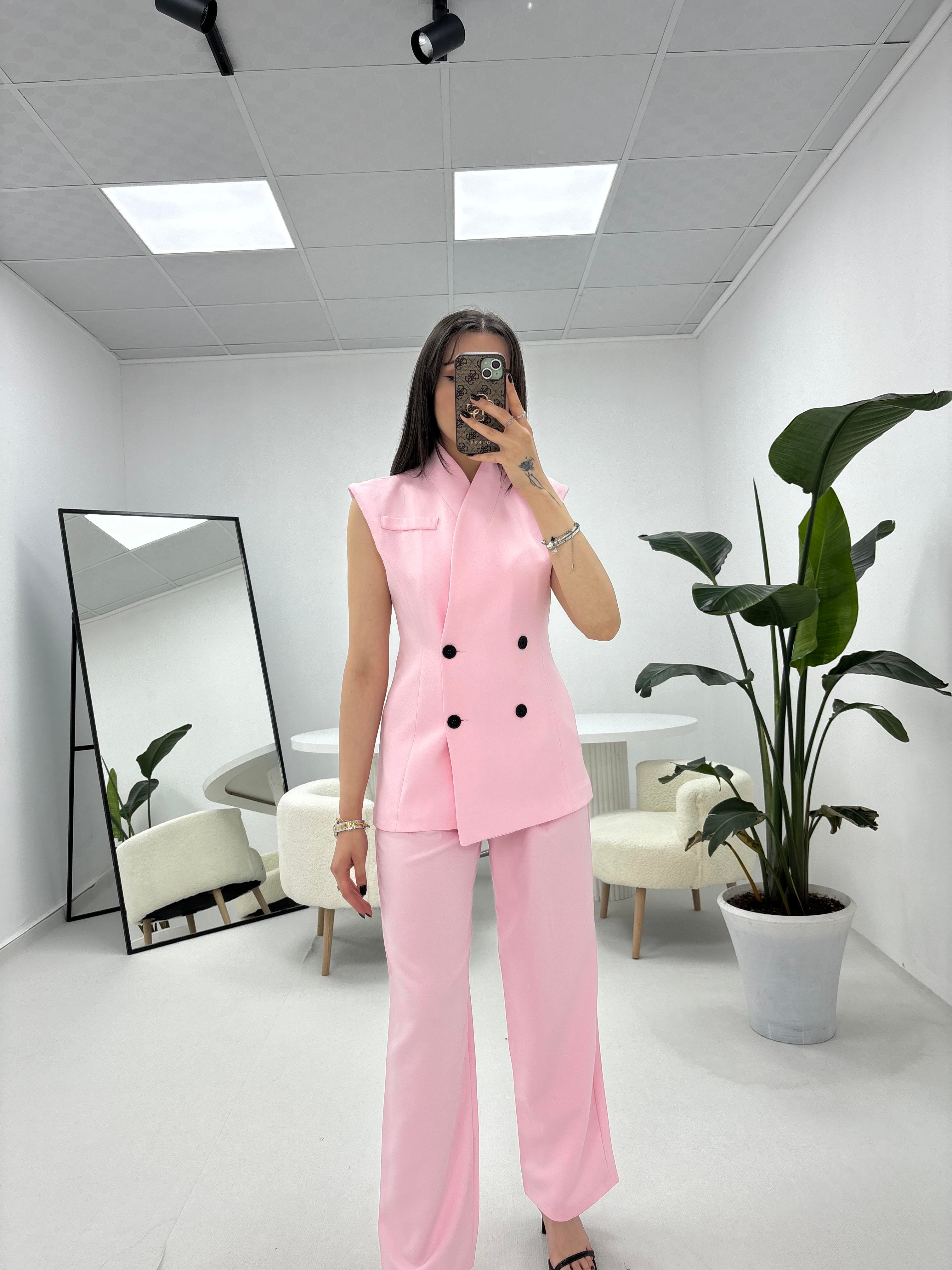 Yelekli Pantolon Pembe Takım