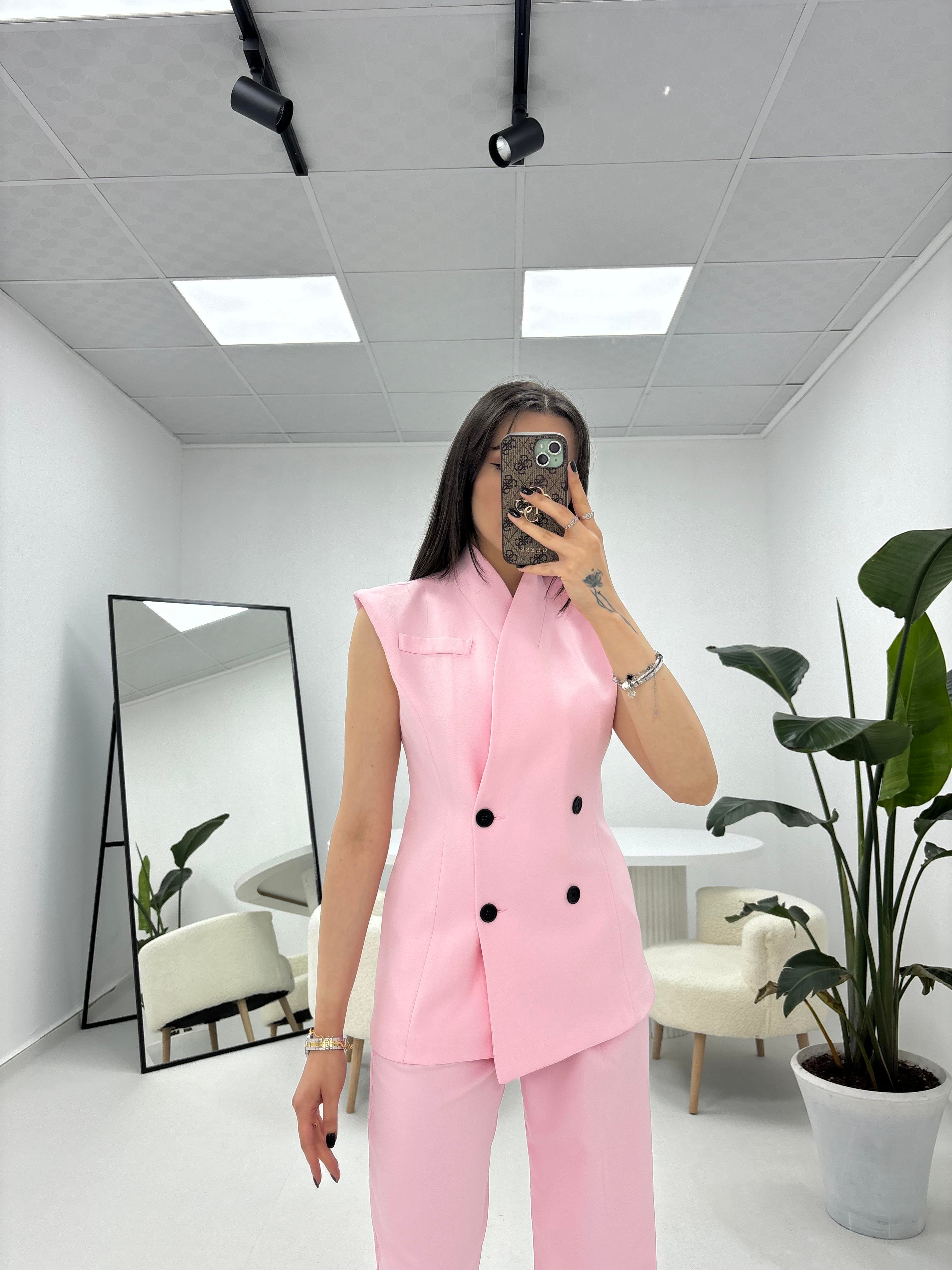 Yelekli Pantolon Pembe Takım