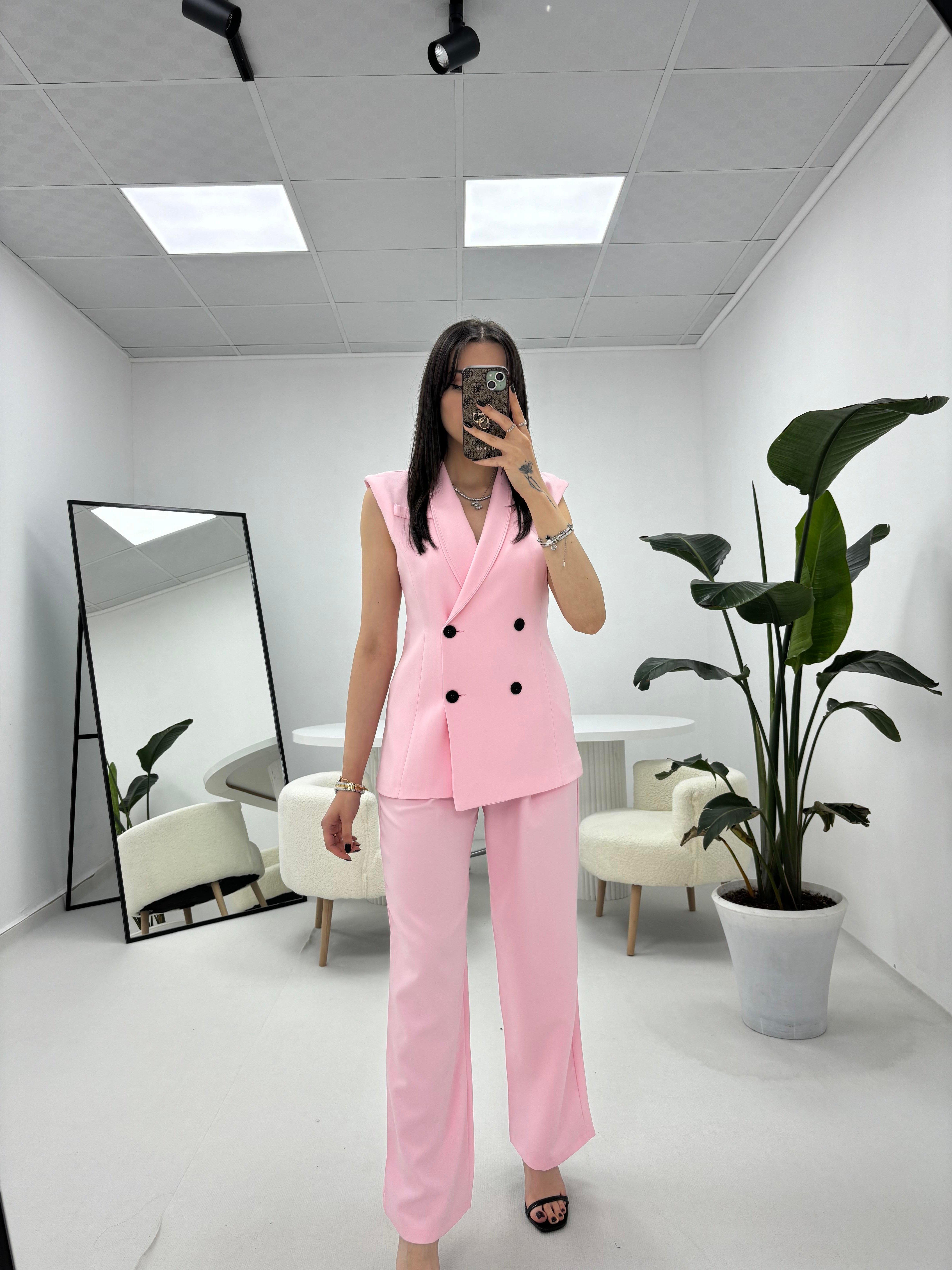 Yelekli Pantolon Pembe Takım