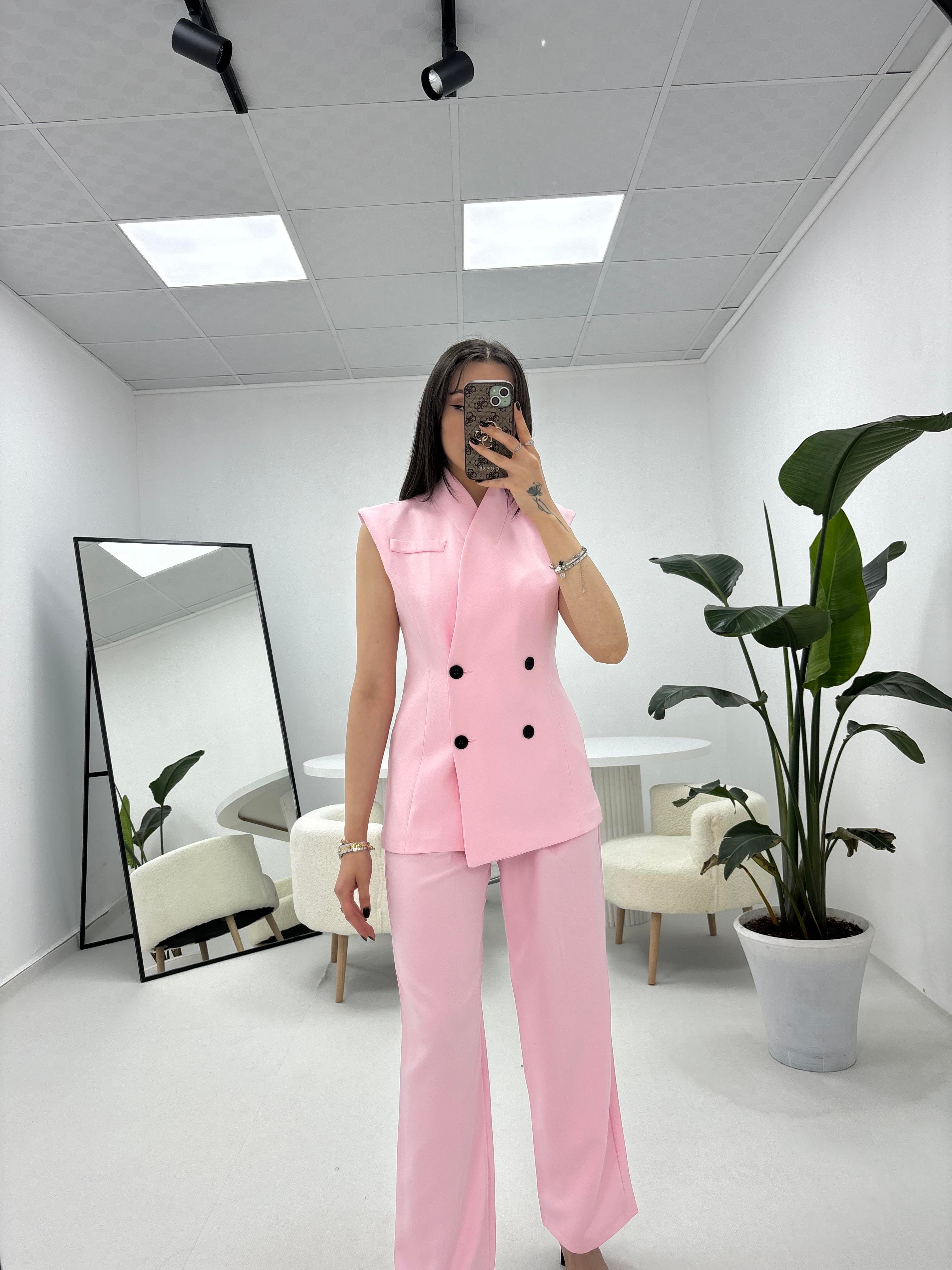 Yelekli Pantolon Pembe Takım
