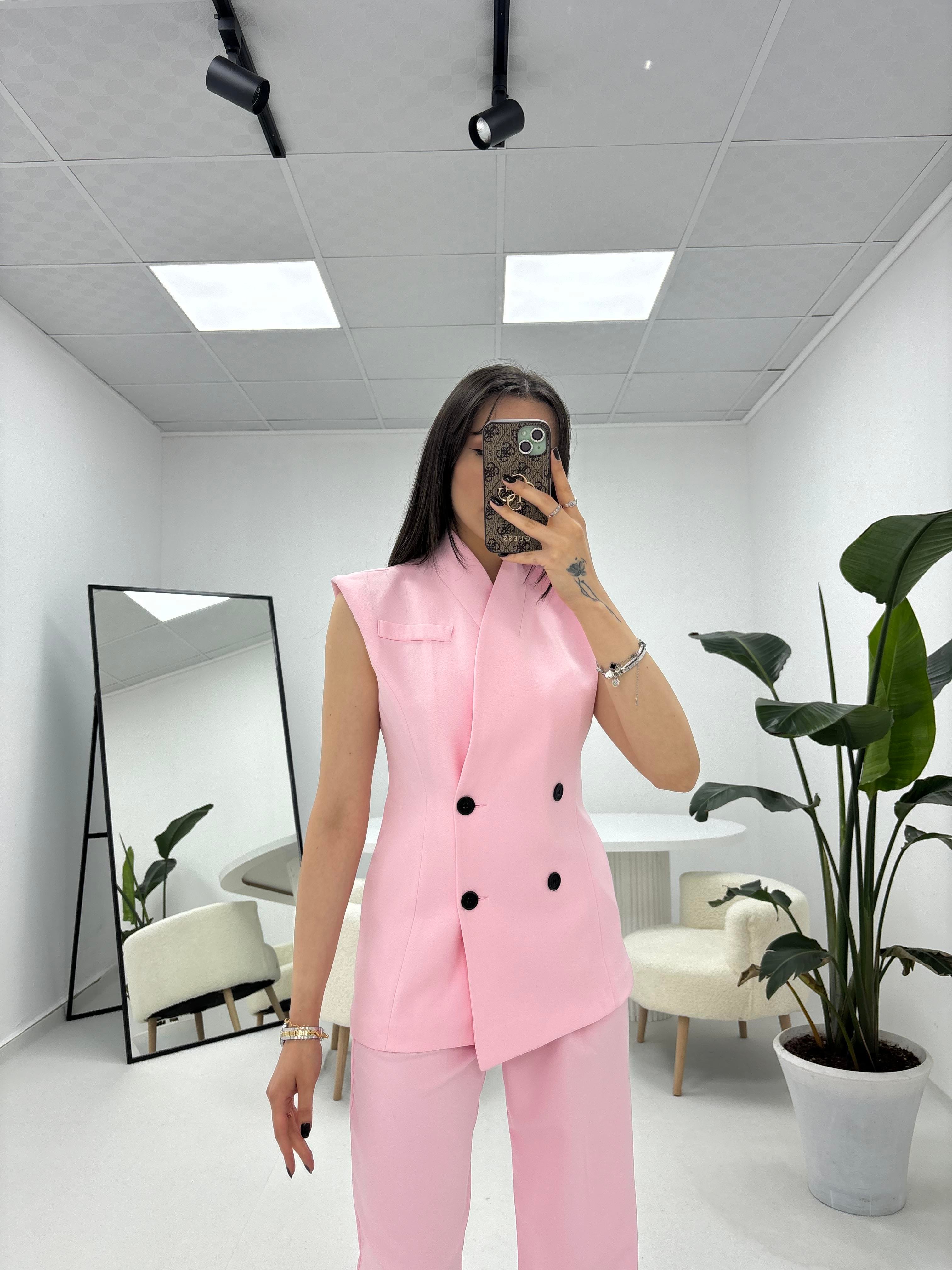 Yelekli Pantolon Pembe Takım