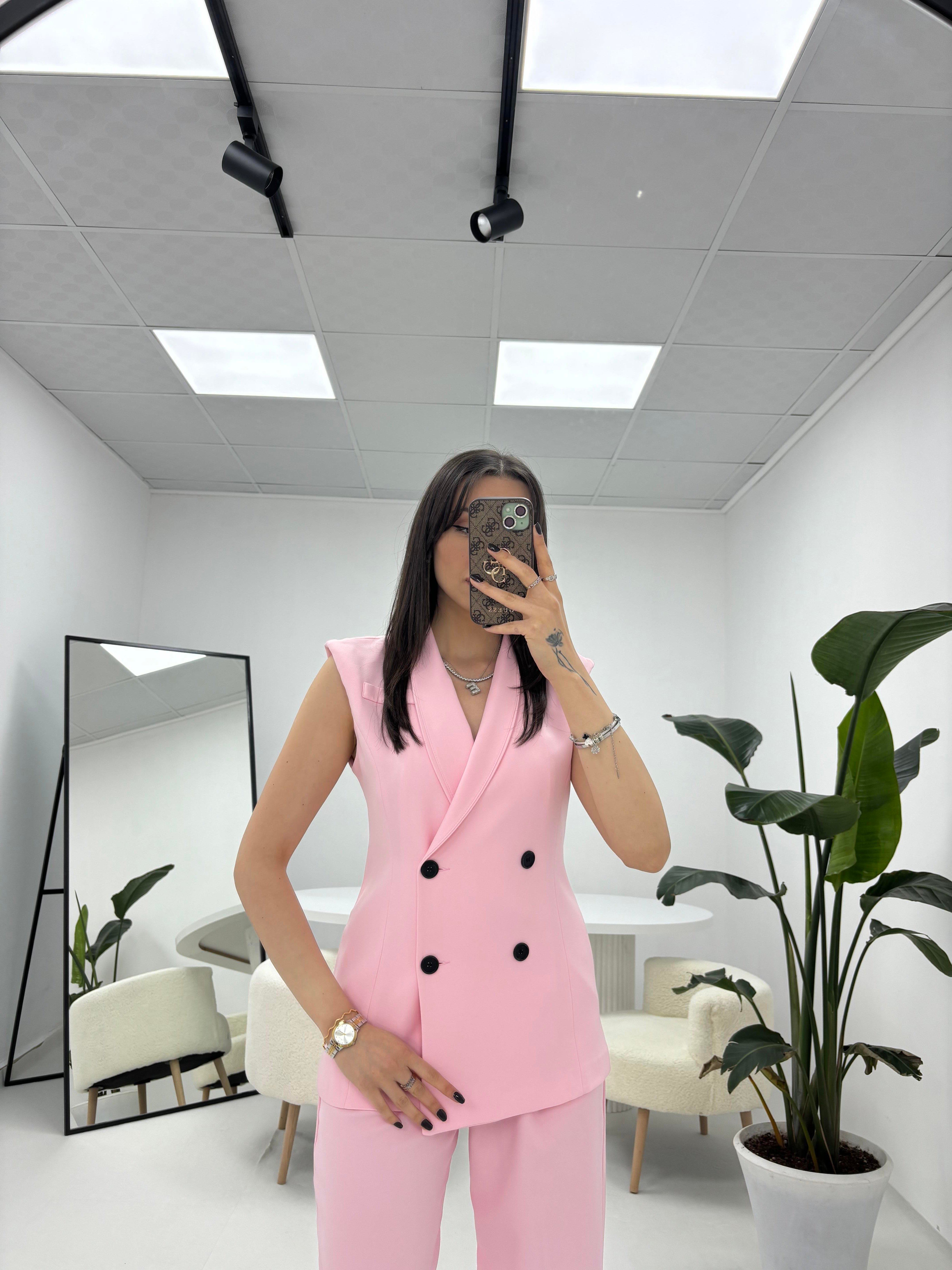 Yelekli Pantolon Pembe Takım