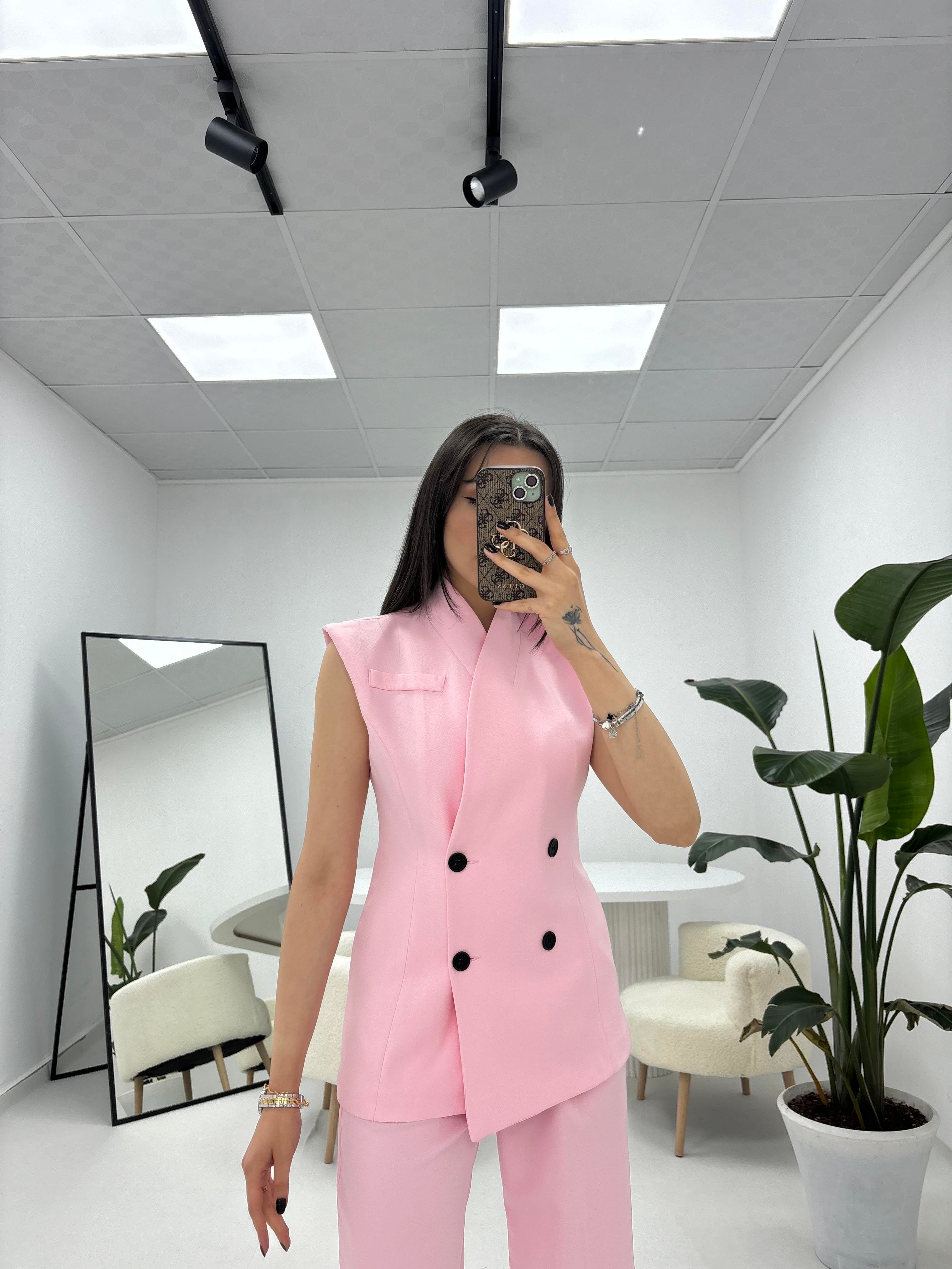 Yelekli Pantolon Pembe Takım