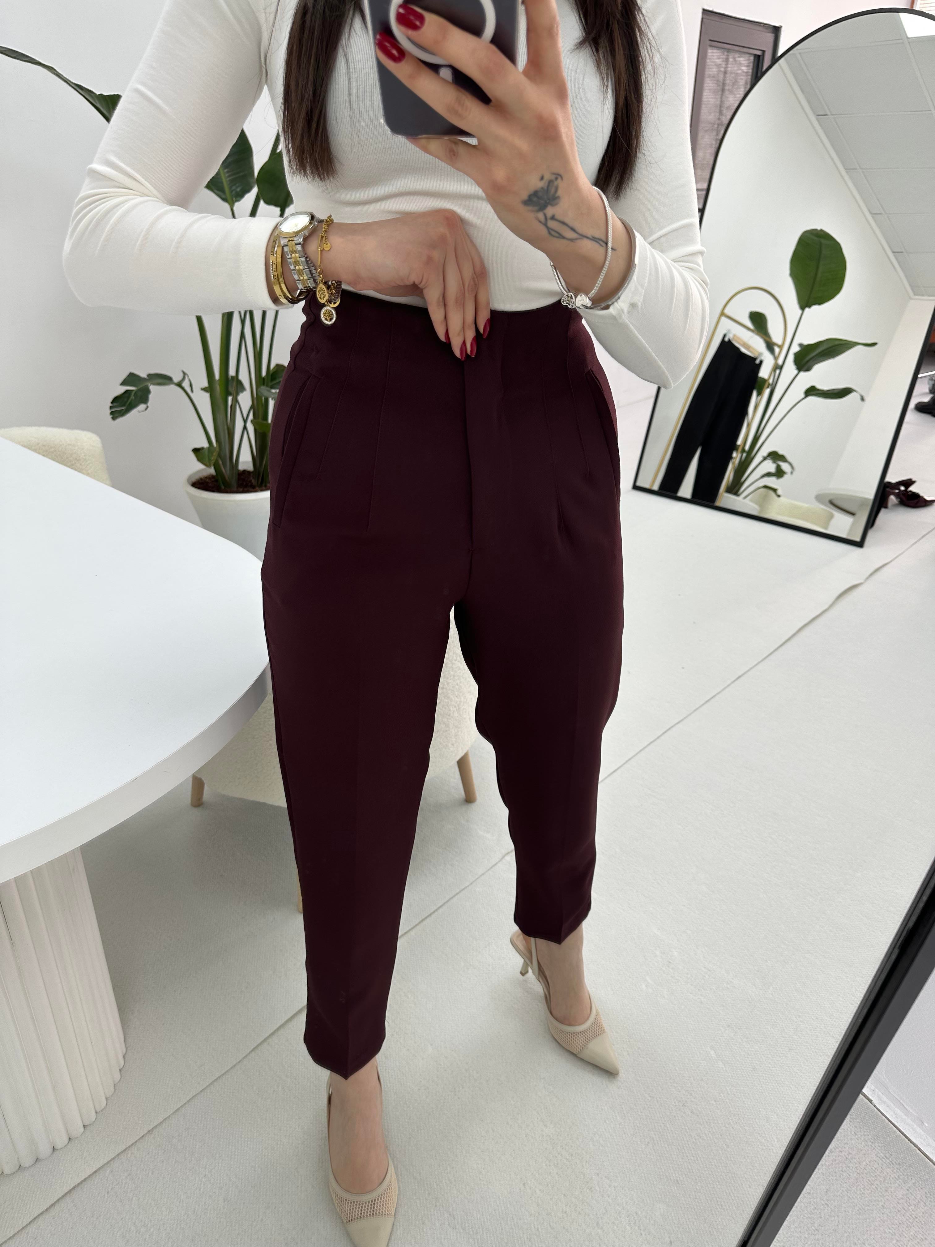 Yüksek Bel Bordo Kumaş Pantolon