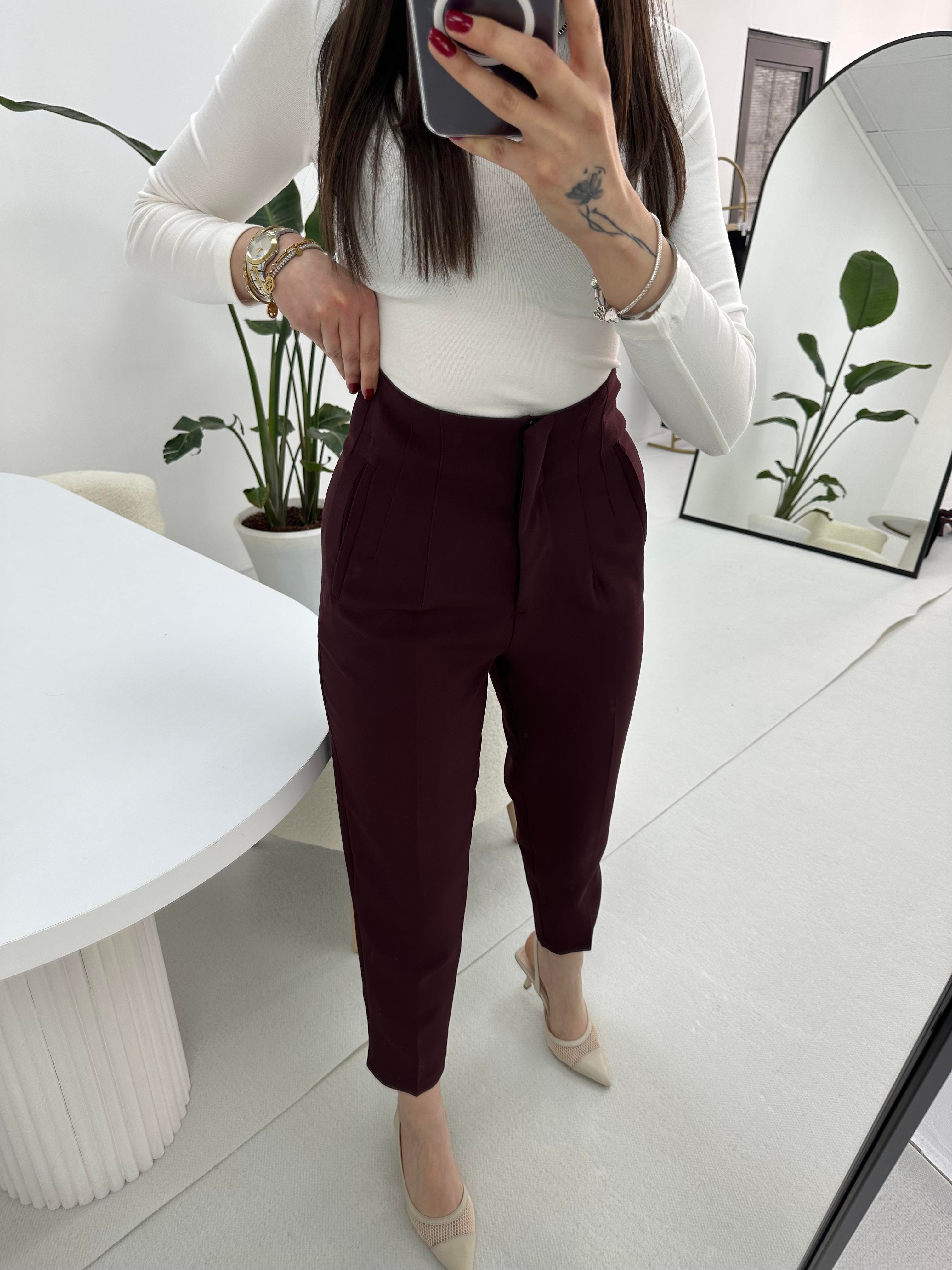 Yüksek Bel Bordo Kumaş Pantolon