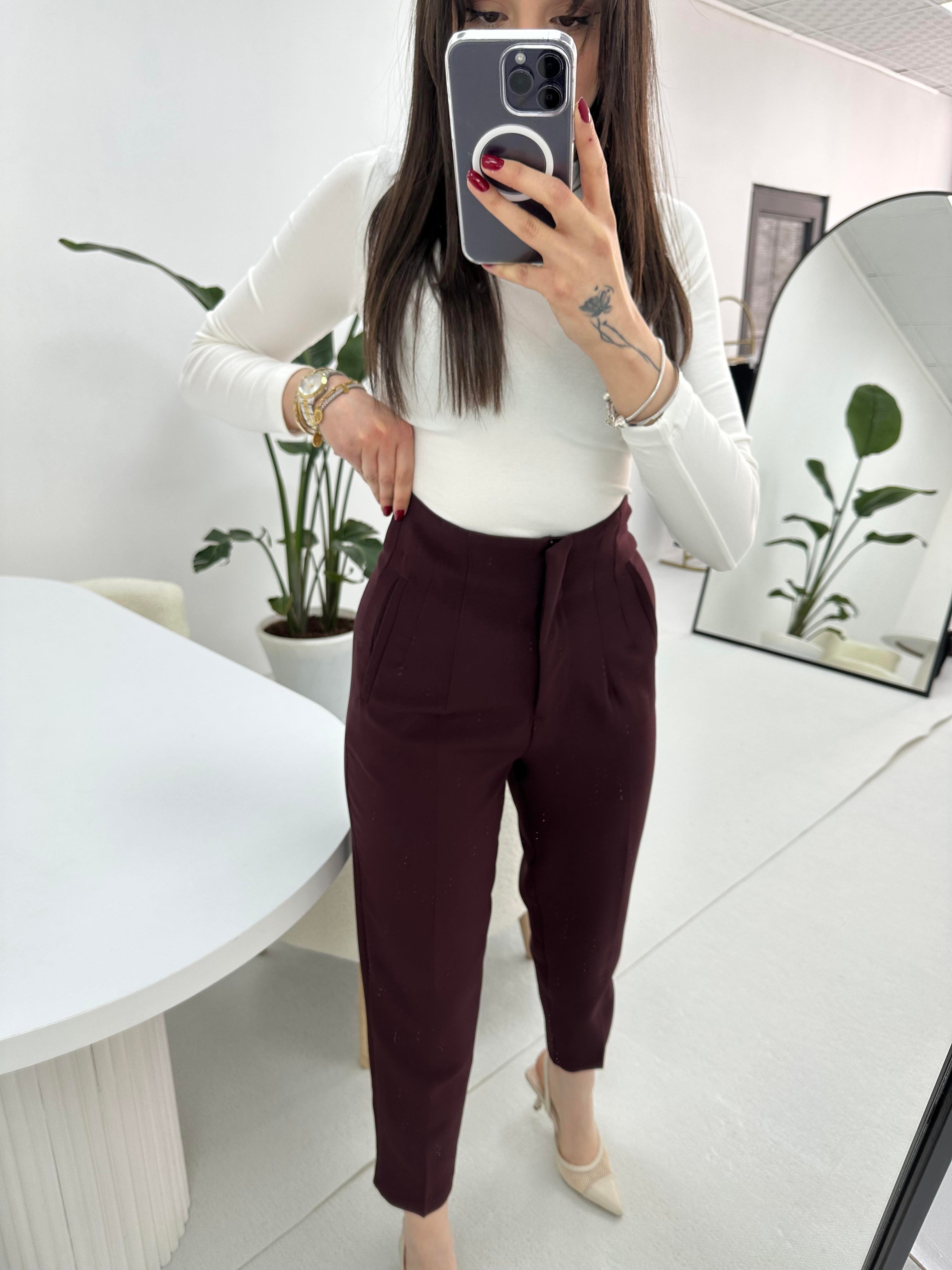Yüksek Bel Bordo Kumaş Pantolon