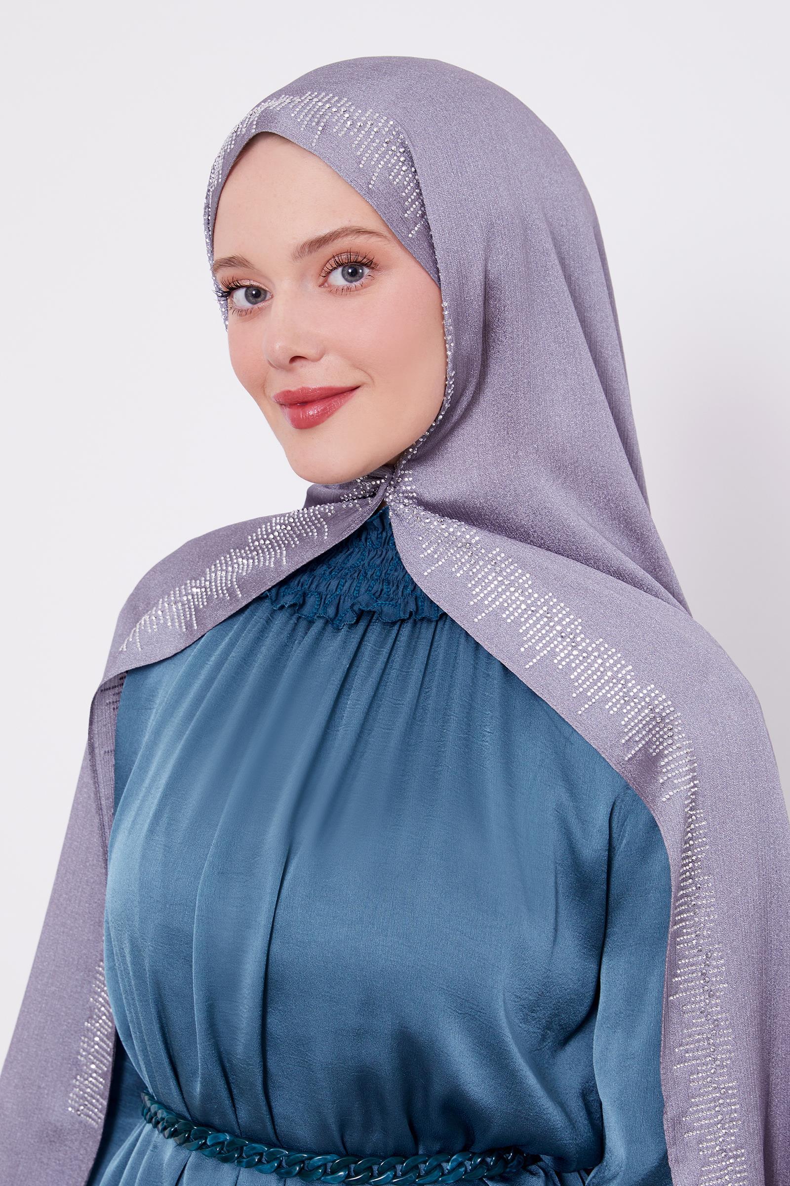 LeviDor Diamond Gri Şeritli Gümüş Beyaz Taş Baskılı Şal-24LV1004-KVS0627