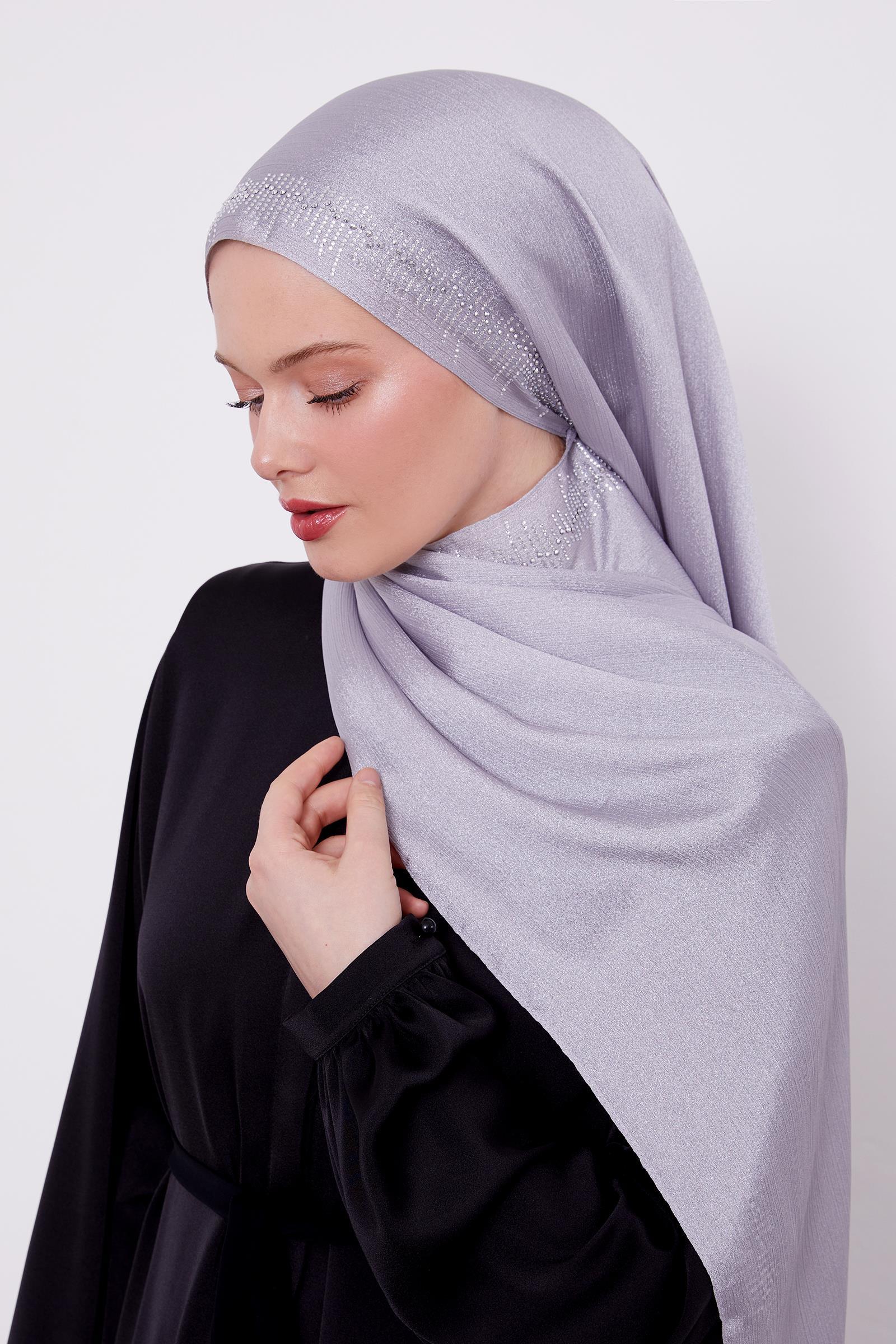LeviDor Diamond Gümüş Şeritli Gümüş Beyaz Taş Baskılı Şal-24LV1004-KVS0628