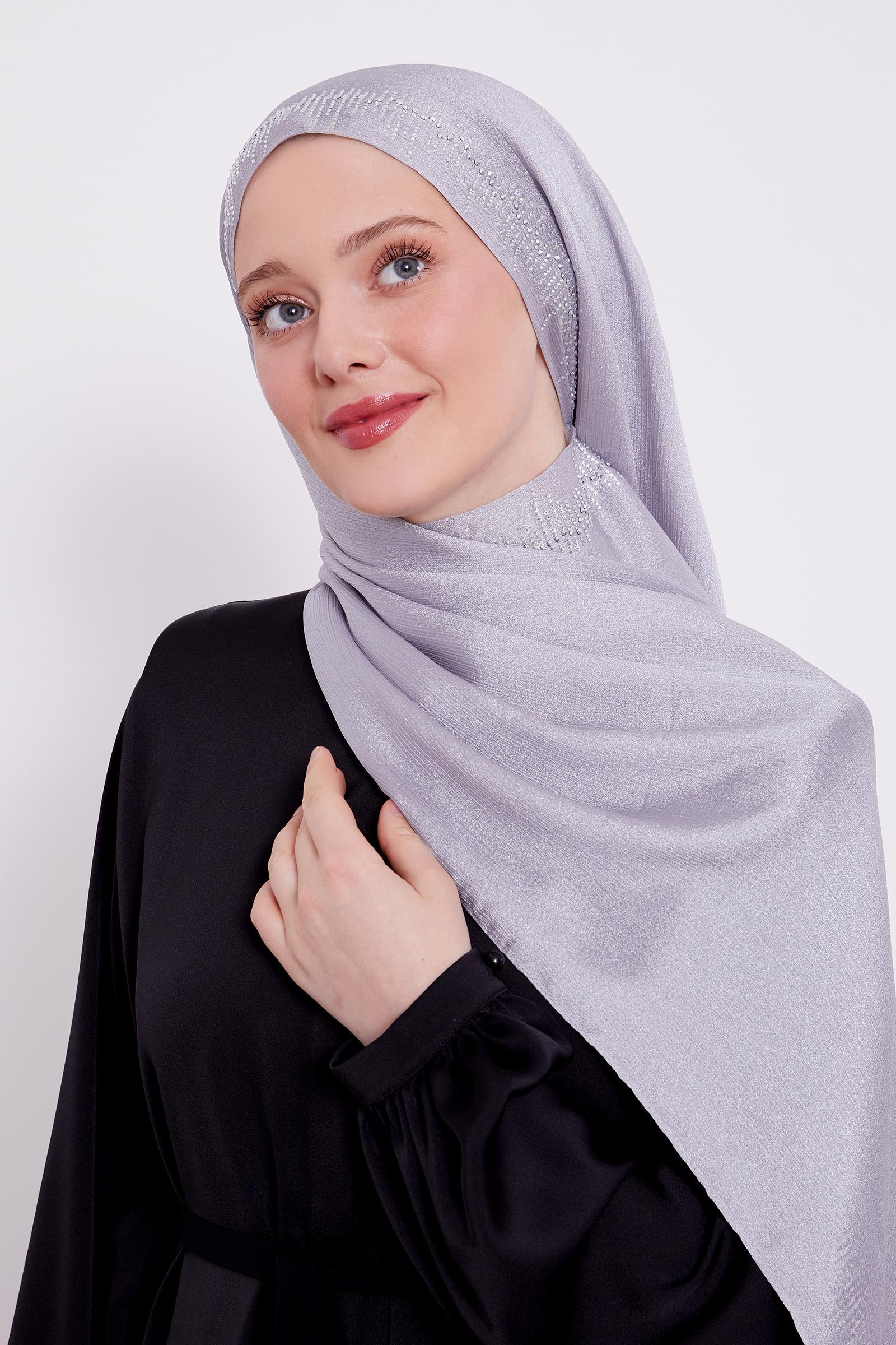 LeviDor Diamond Gümüş Şeritli Gümüş Beyaz Taş Baskılı Şal-24LV1004-KVS0628