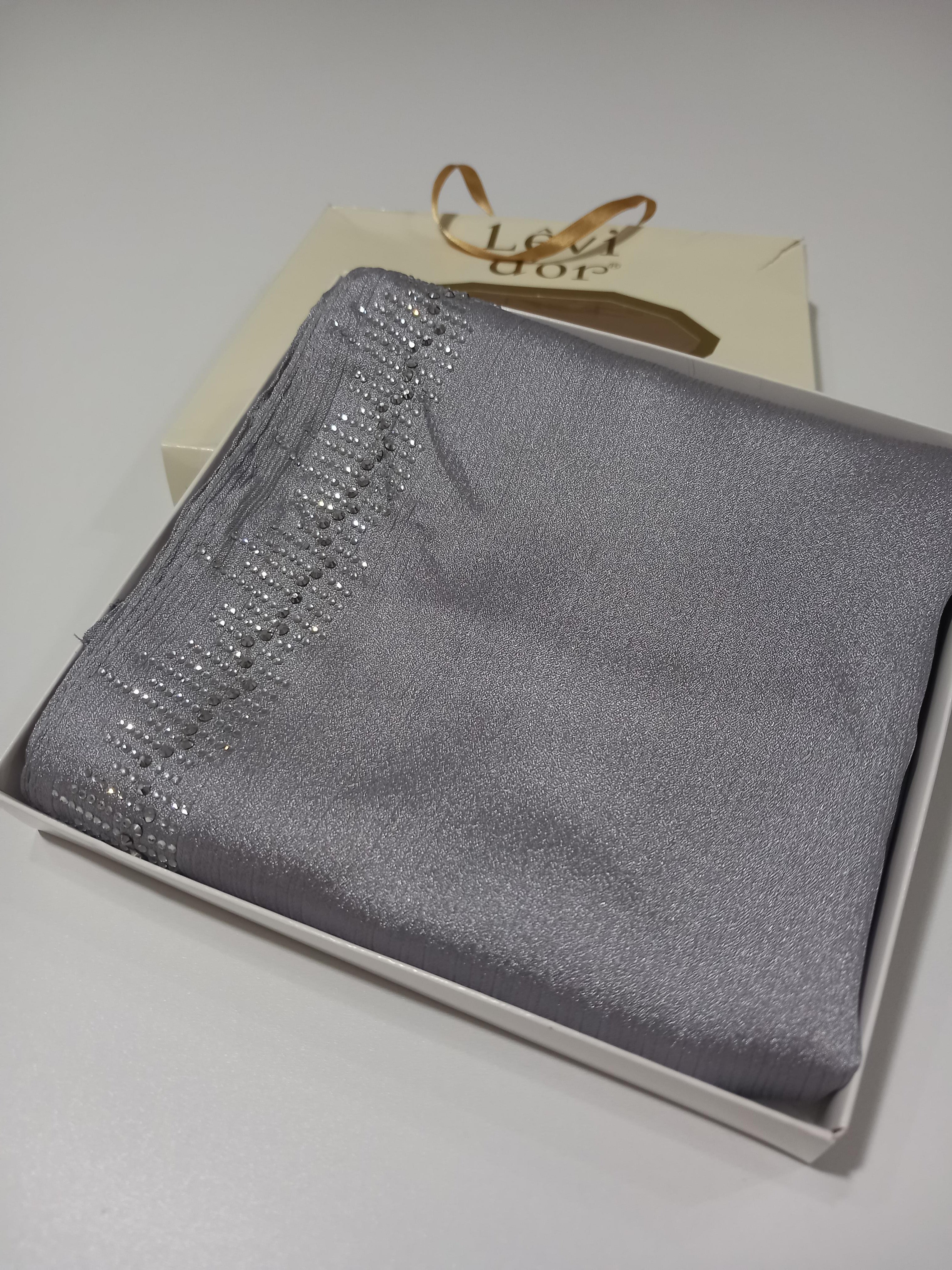 LeviDor Diamond Gümüş Şeritli Gümüş Beyaz Taş Baskılı Şal-24LV1004-KVS0628
