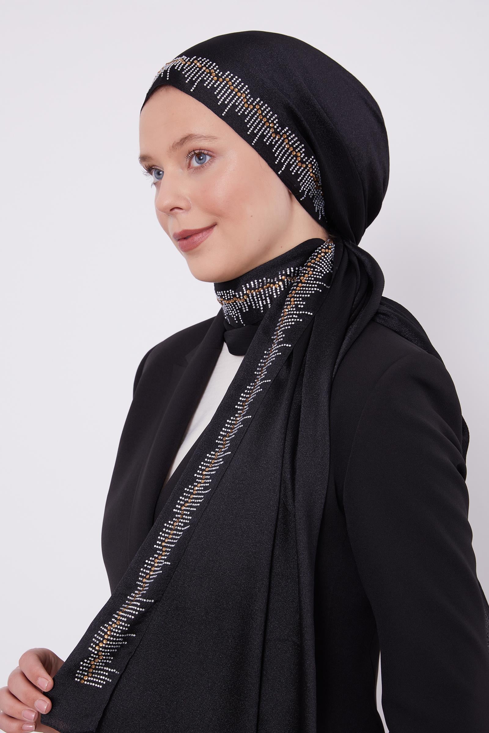 LeviDor Diamond Siyah Şeritli Gold Beyaz Taş Baskılı Şal-24LV1004-KVS0626