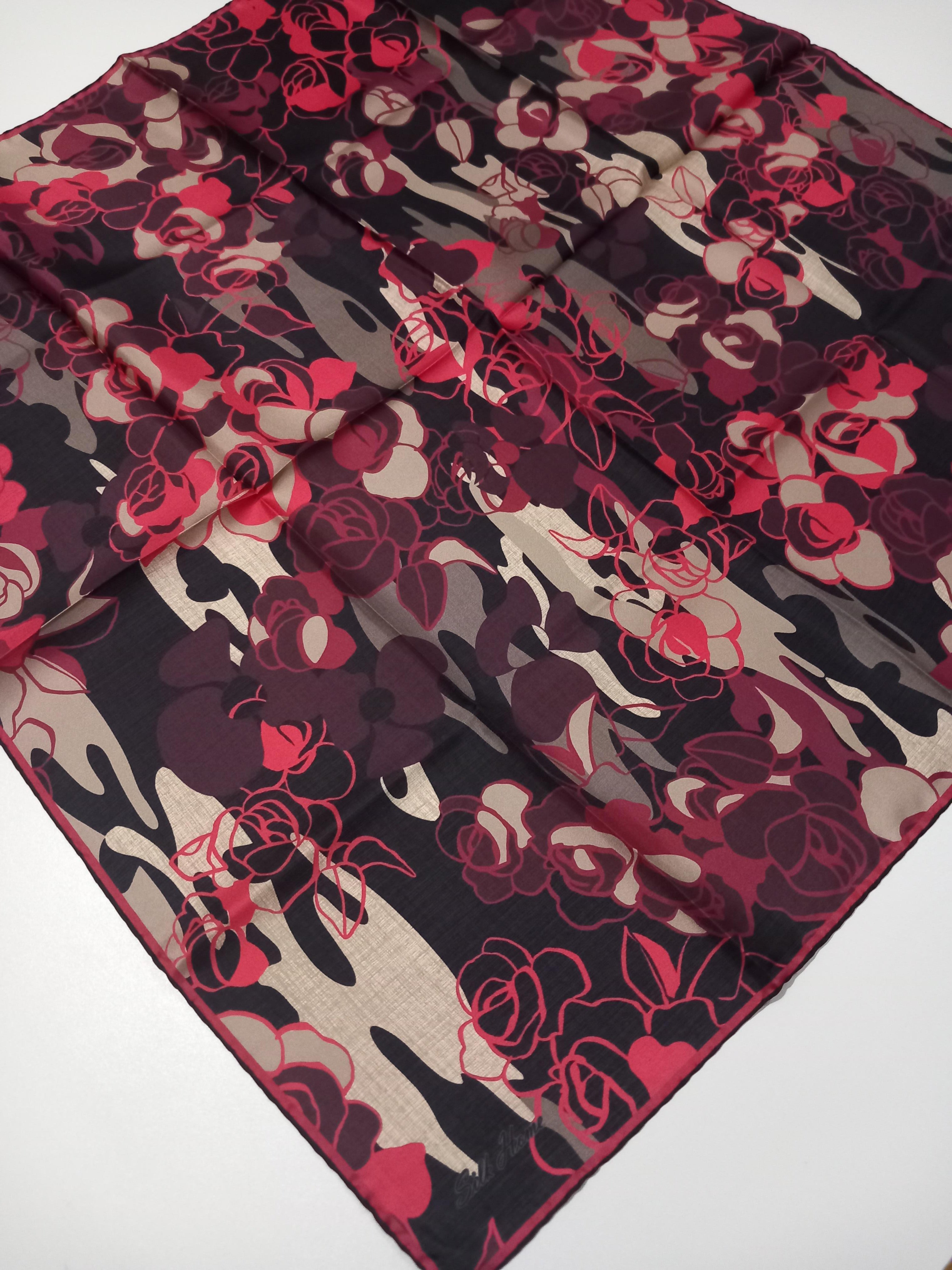 Silk Home Bordo Siyah Çiçek Desen Tivil Dokuma Saf İpek Eşarp-11483-34-KVS0887