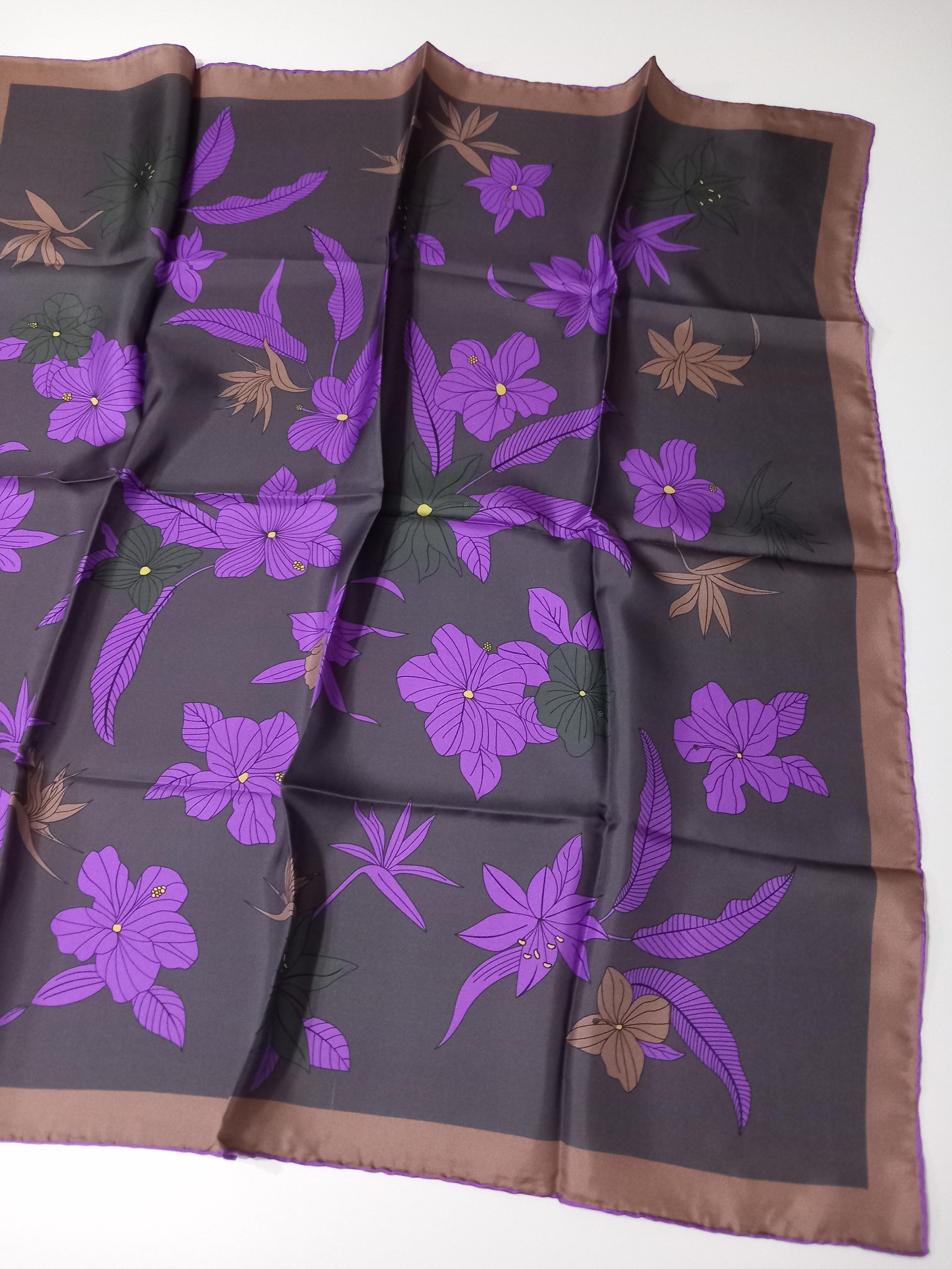 Silk Home Füme Mor Çiçek Desenli Tivil İpek Eşarp-11441-33-KVS0426