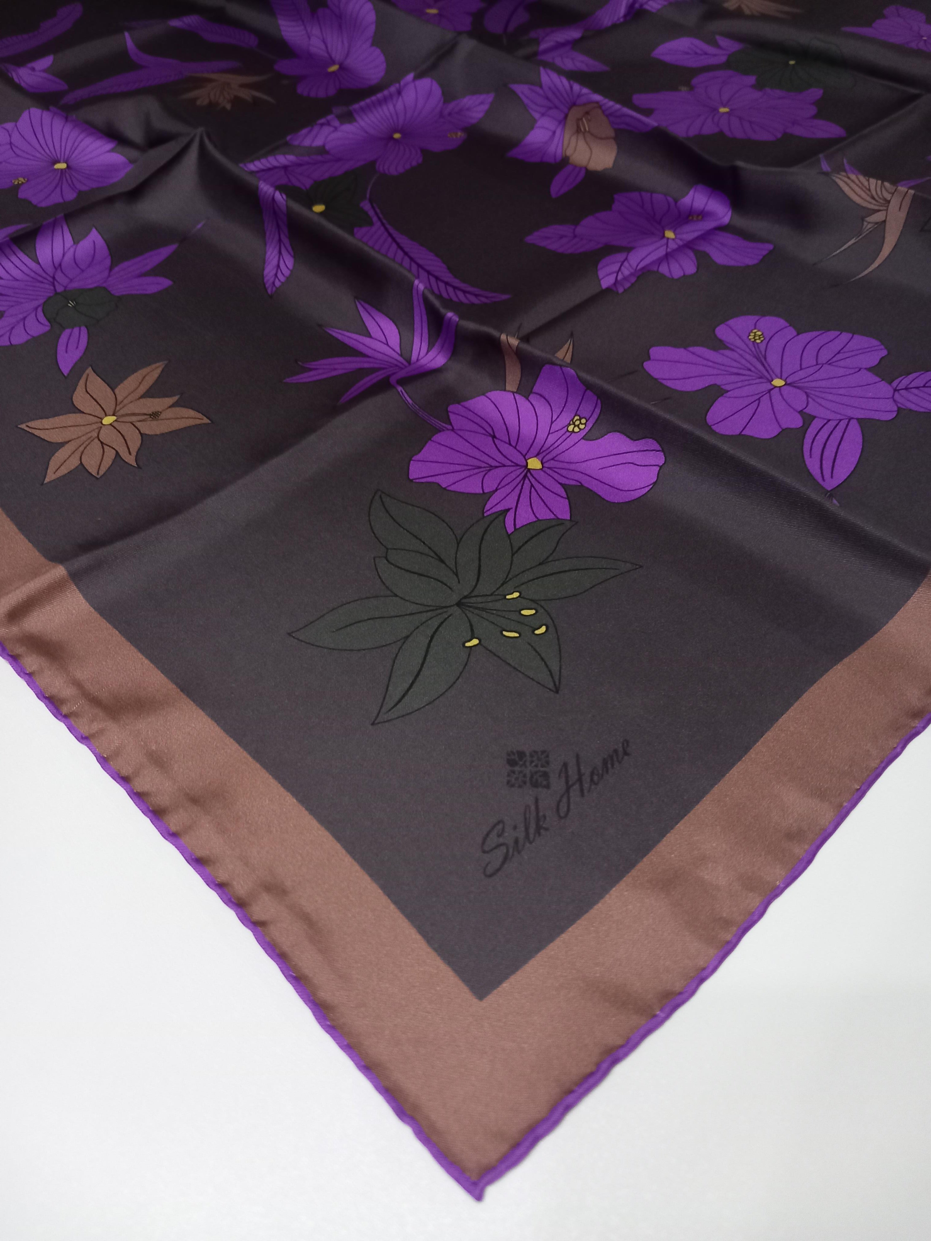 Silk Home Füme Mor Çiçek Desenli Tivil İpek Eşarp-11441-33-KVS0426