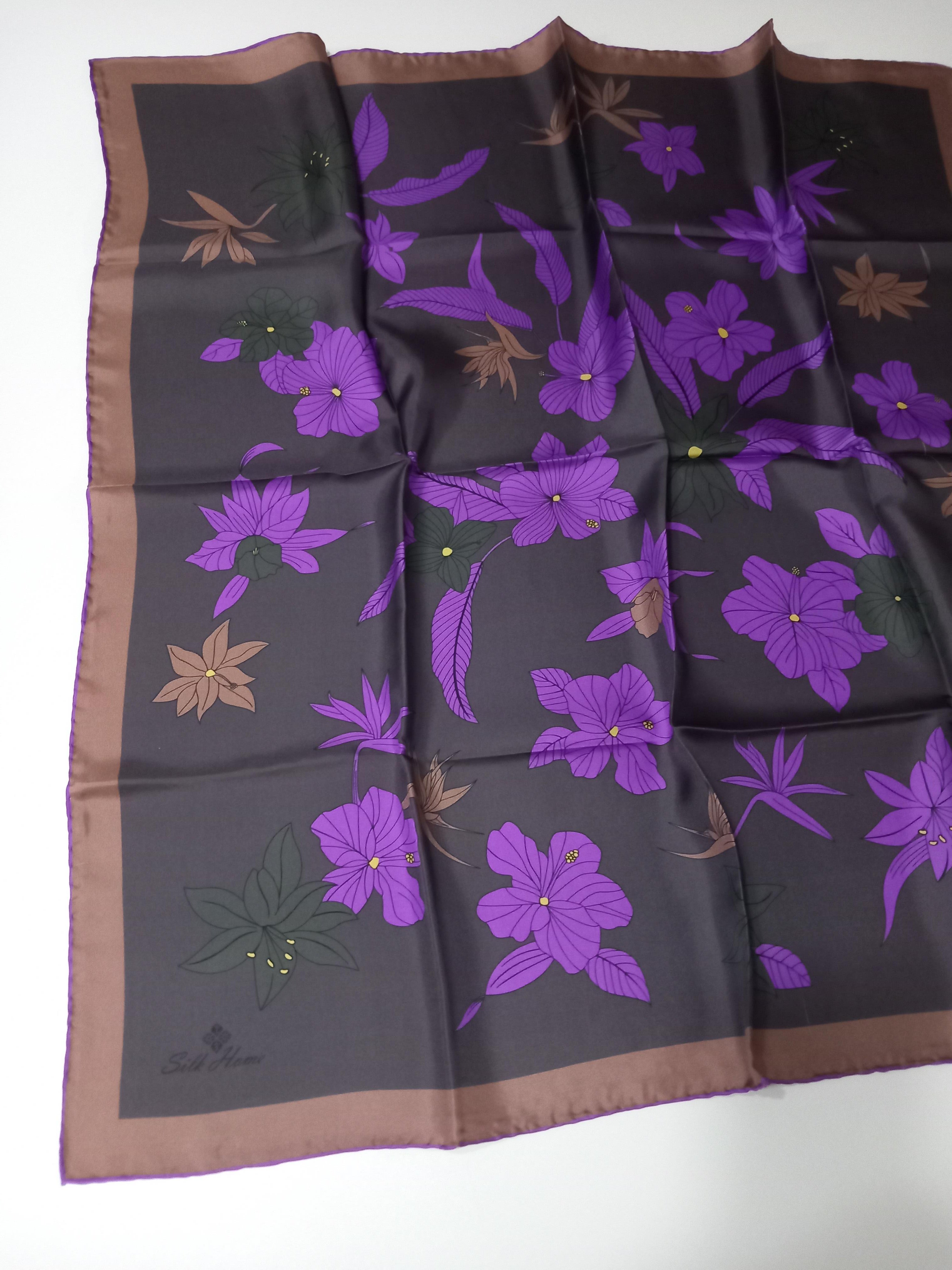 Silk Home Füme Mor Çiçek Desenli Tivil İpek Eşarp-11441-33-KVS0426