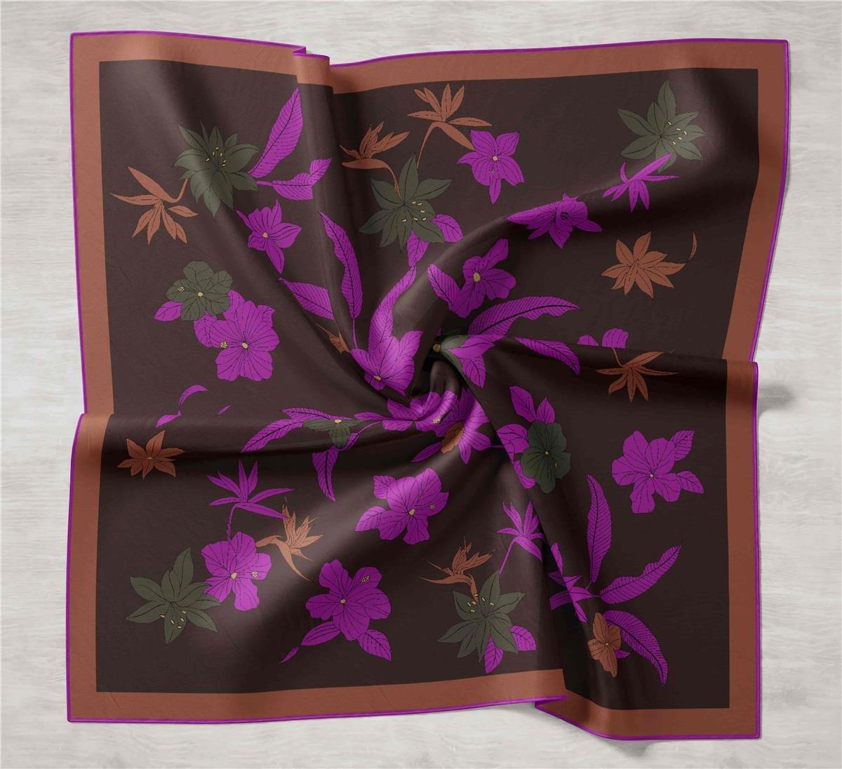 Silk Home Füme Mor Çiçek Desenli Tivil İpek Eşarp-11441-33-KVS0426