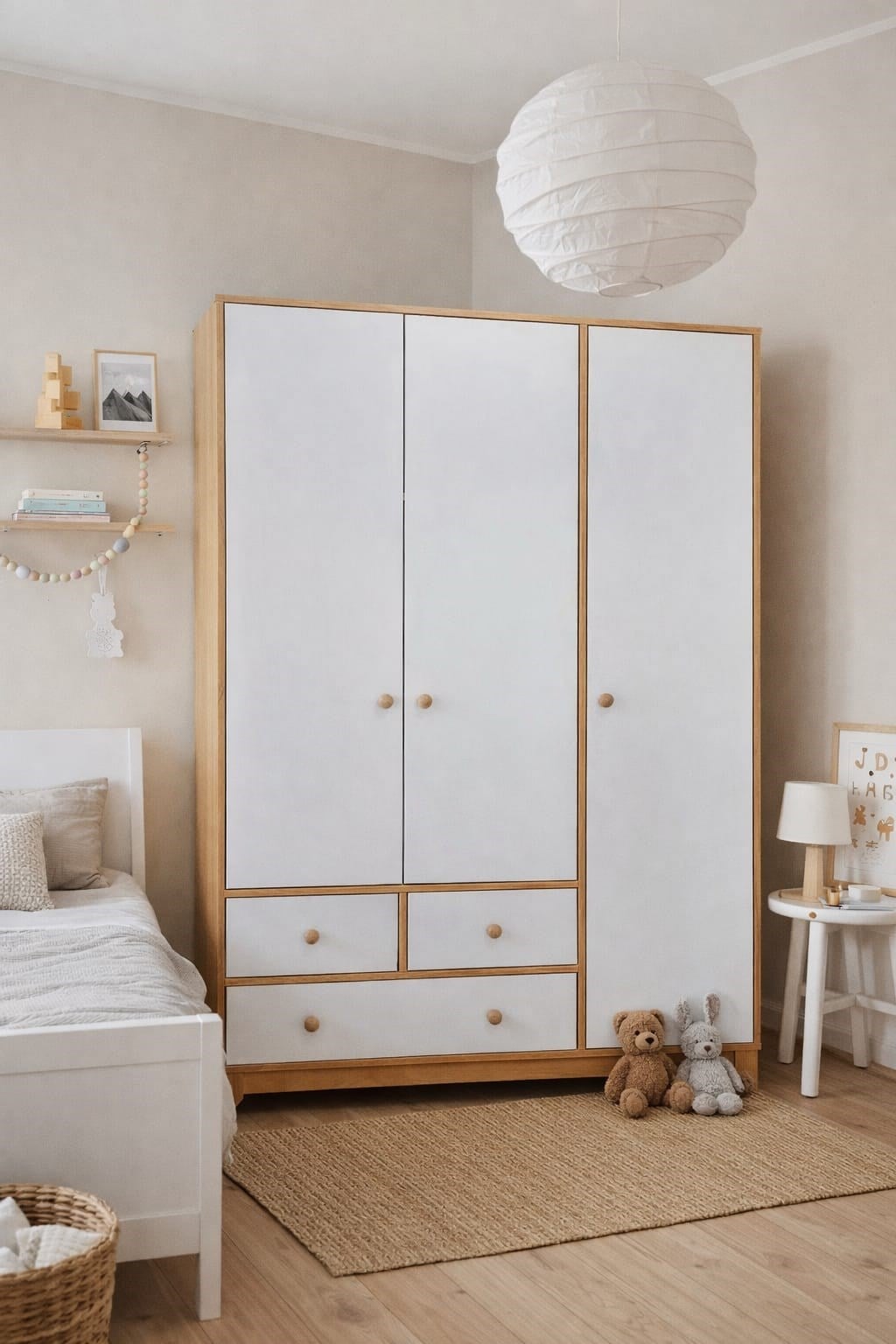  %100 MDF Bonnie Ahşap Beyaz 3 Kapılı Dolap & 8 Çekmeceli Şifonyer