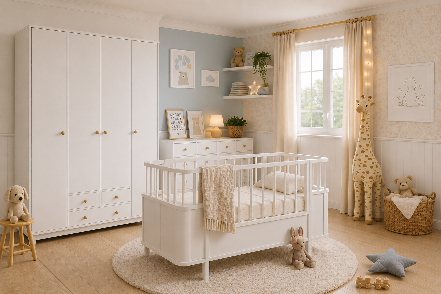  %100 MDF Bonnie Mega ( Mini ) Bebek Odası Takımı ( 4 Kapılı Dolap & 8 Çekmeceli Şifonyer & 80x130 cm (80x180 ) Büyüyen Beşik